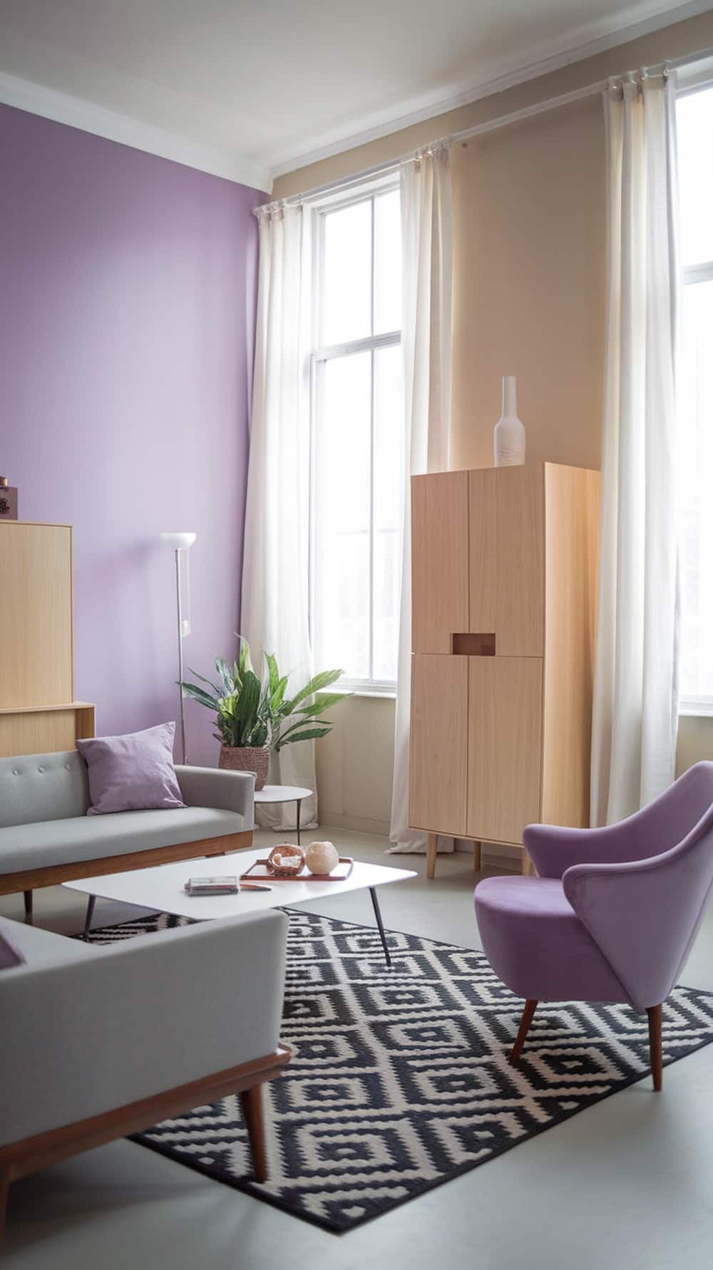A mid-century modern living room featuring lavender walls, gray sofas, a purple chair, and a patterned rug.