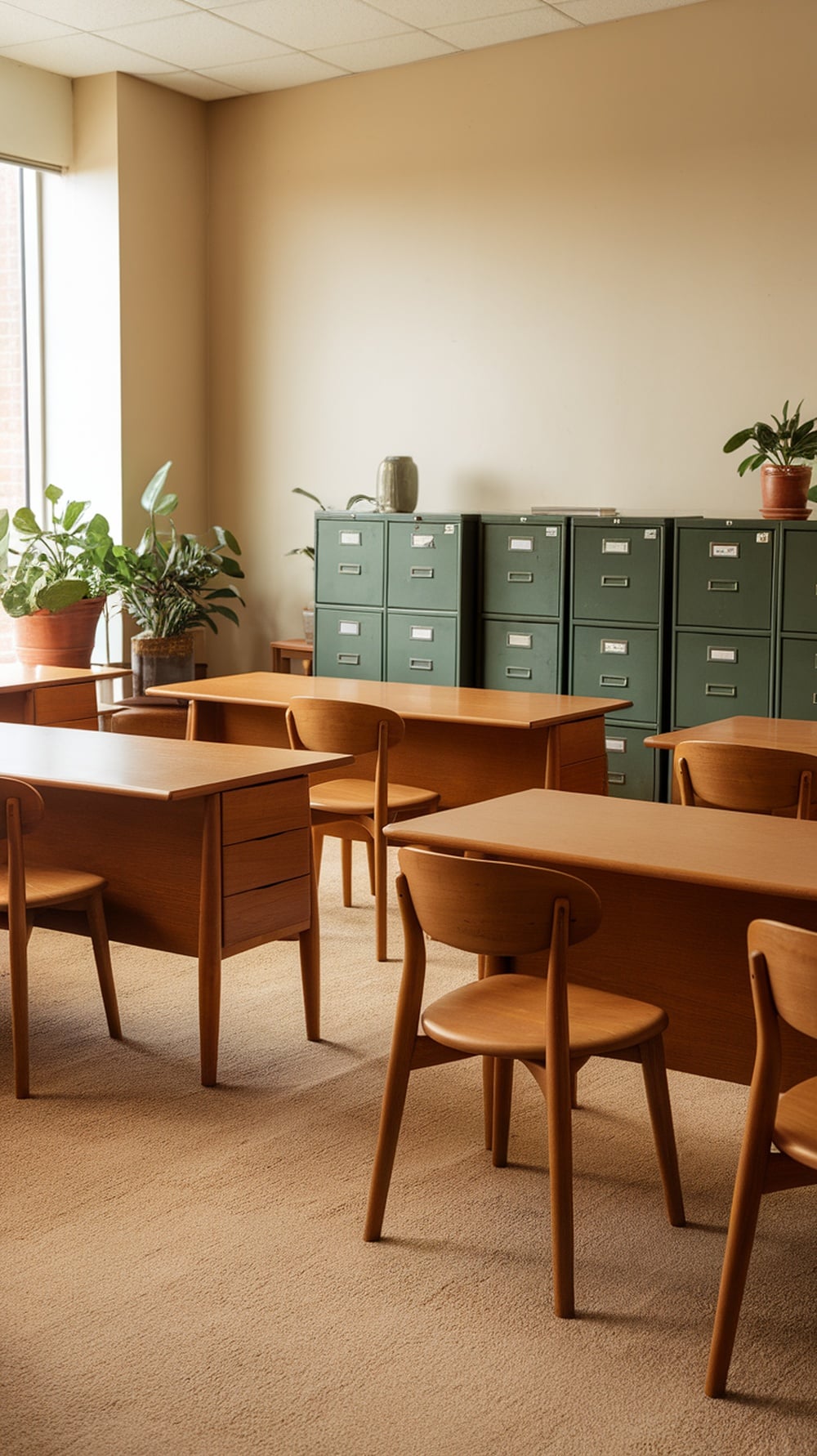 A mid century modern office featuring wooden desks and chairs, green filing cabinets, and plants.
