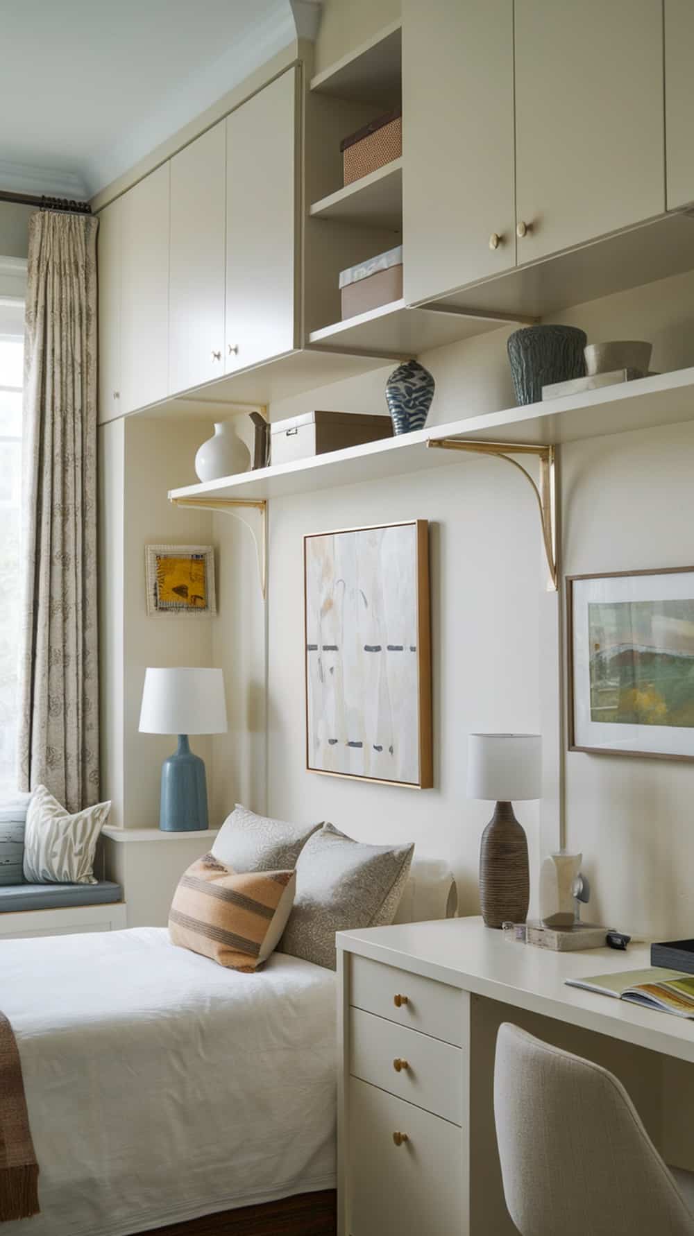 A small bedroom featuring vertical storage solutions with shelves and cabinets.