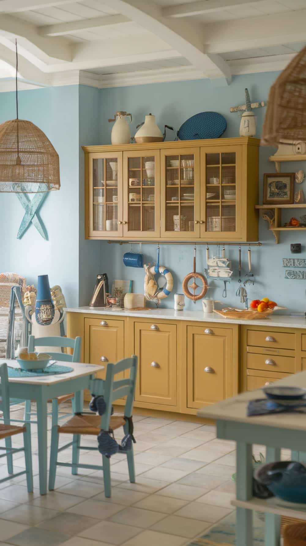 A cozy kitchen featuring mustard yellow cabinets, nautical decor, and a light blue wall.