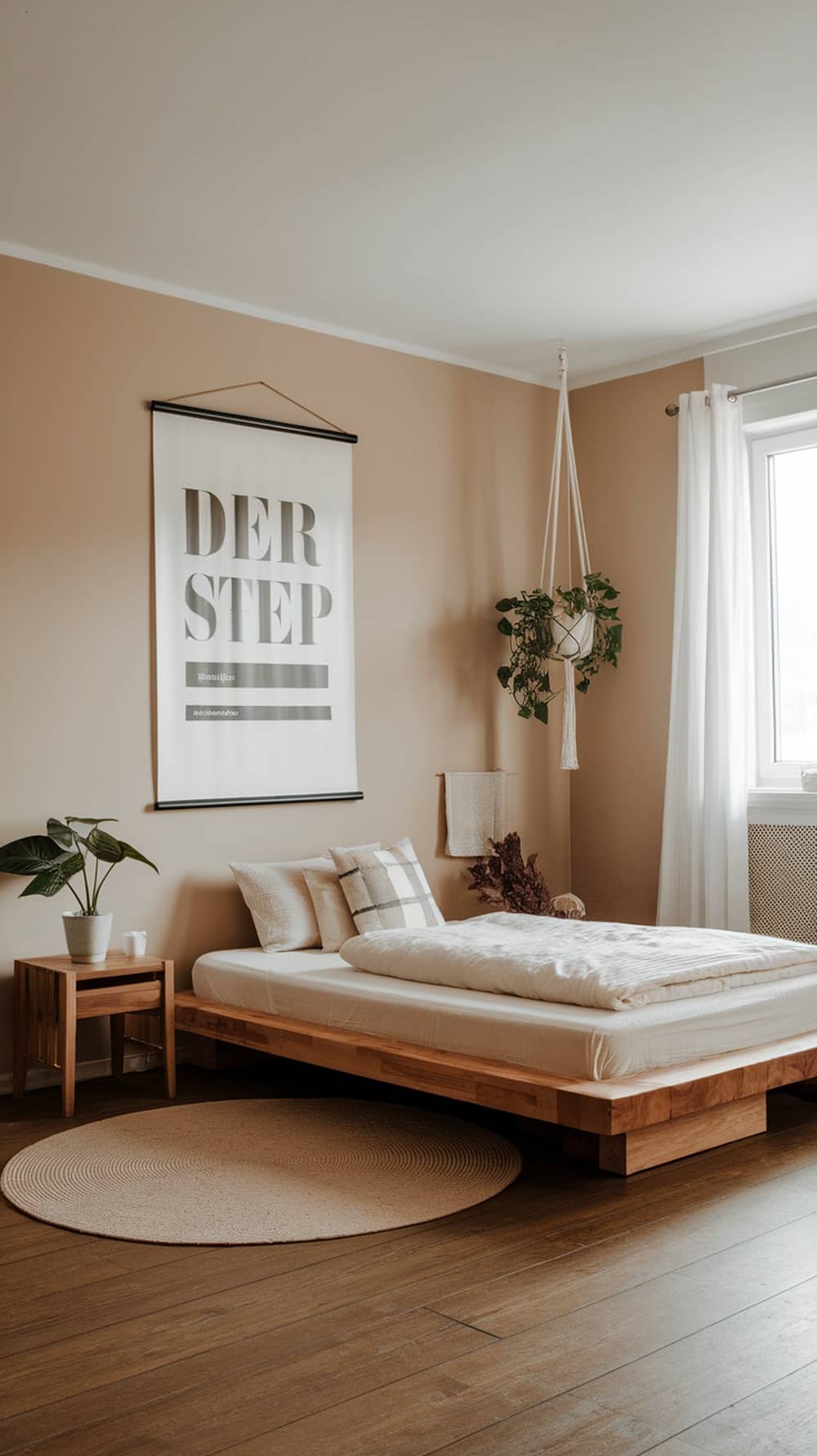 A minimalist bedroom featuring a low wooden bed, soft bedding, wall art, a hanging plant, and a small wooden side table.