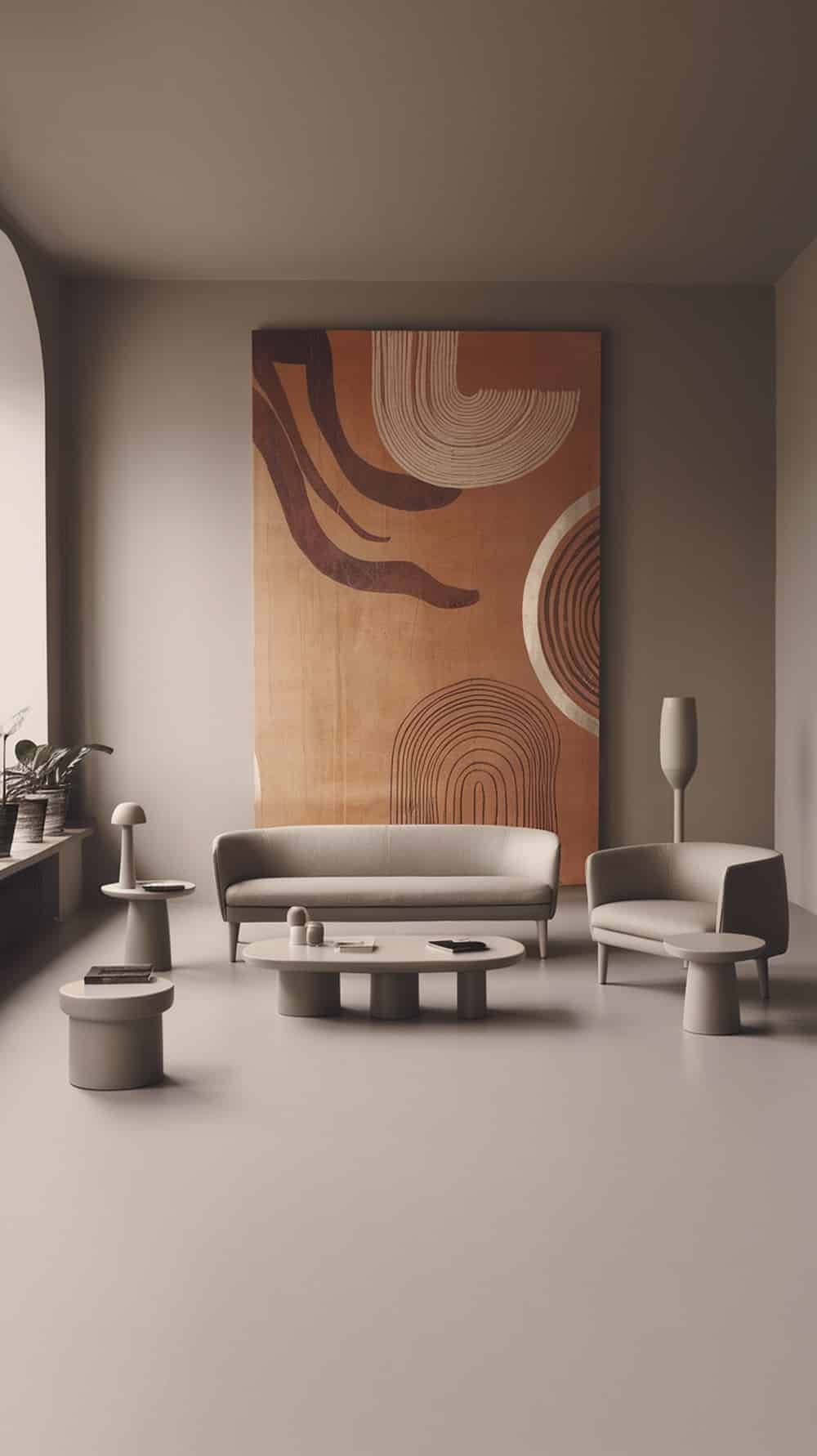 A minimalist greige living room featuring a large abstract artwork, soft furniture, and a cozy atmosphere.