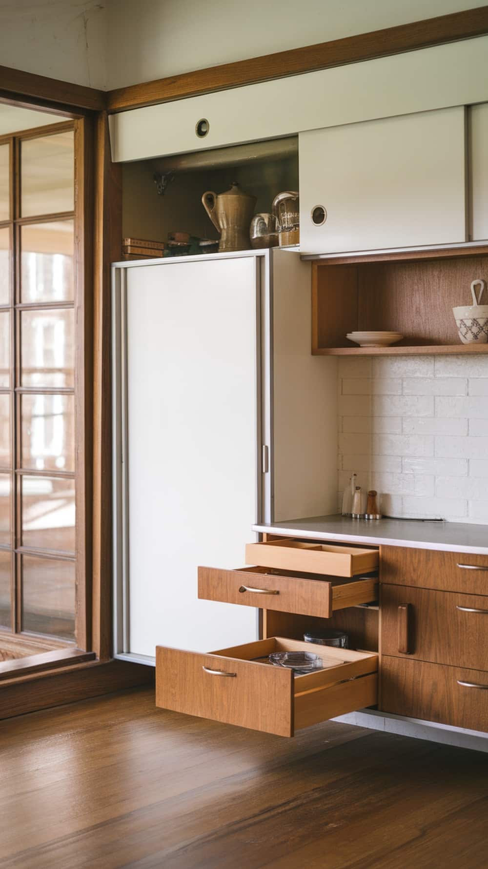 Mid-century modern kitchen with innovative storage solutions, featuring wooden drawers and integrated refrigerator.
