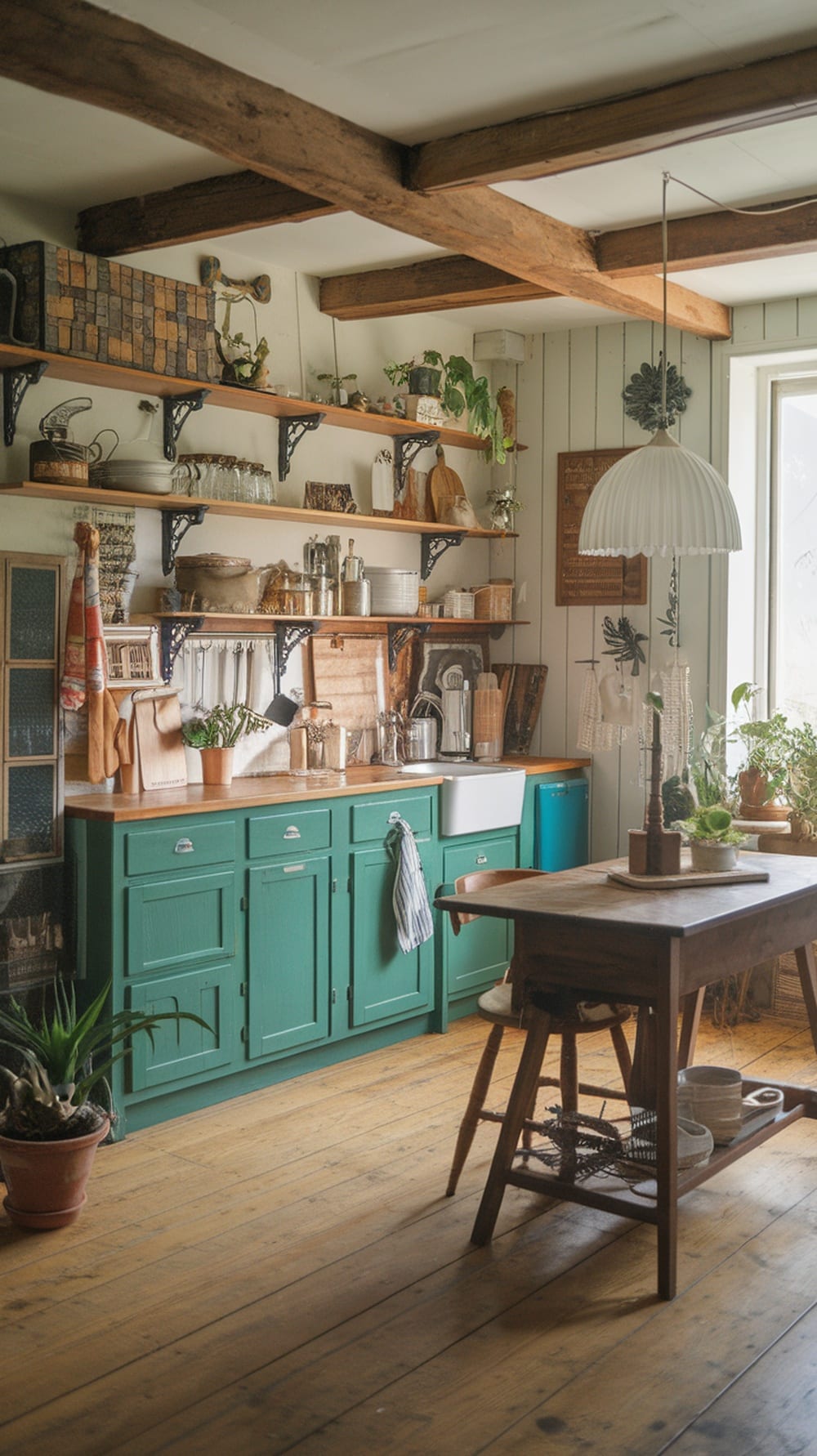 A rustic kitchen featuring emerald green cabinets, wooden beams, and natural decor.