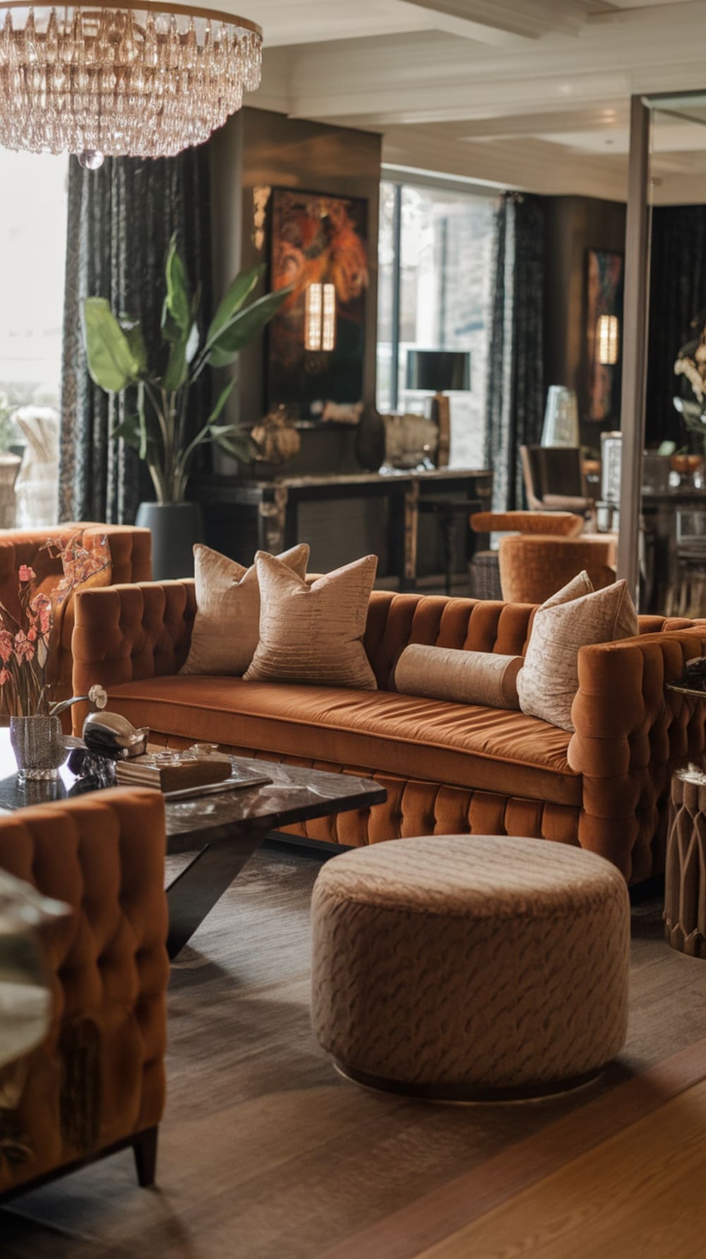 A luxurious living room featuring a caramel-colored tufted sofa with decorative pillows, a stylish coffee table, and elegant decor elements.