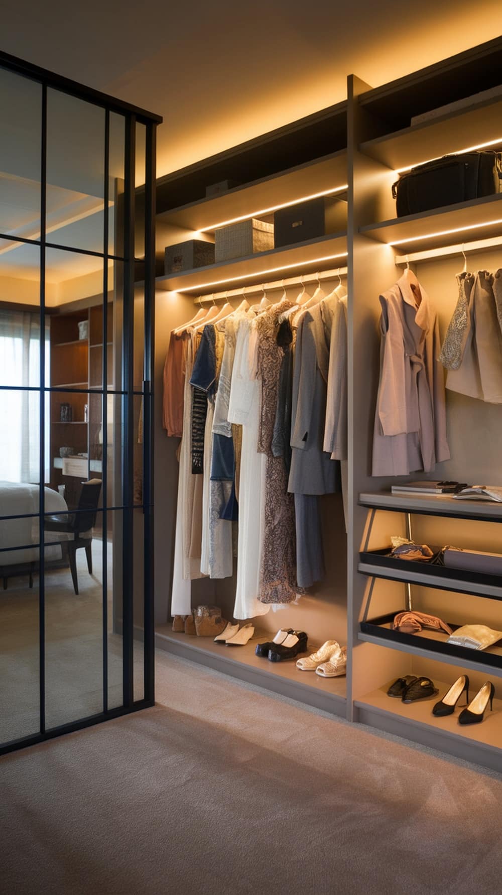 Luxurious walk-in closet with organized clothing and shoes, featuring warm lighting and glass doors.