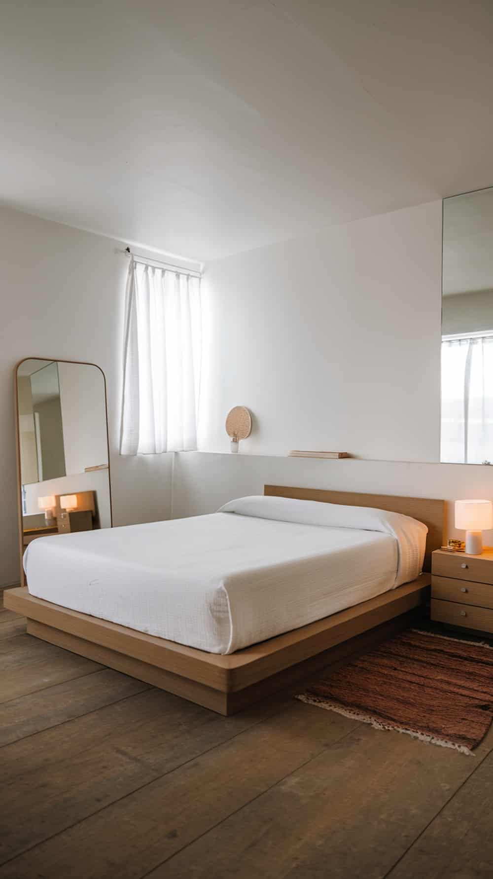 Minimalist bedroom featuring a large mirror, a bed, and soft lighting.