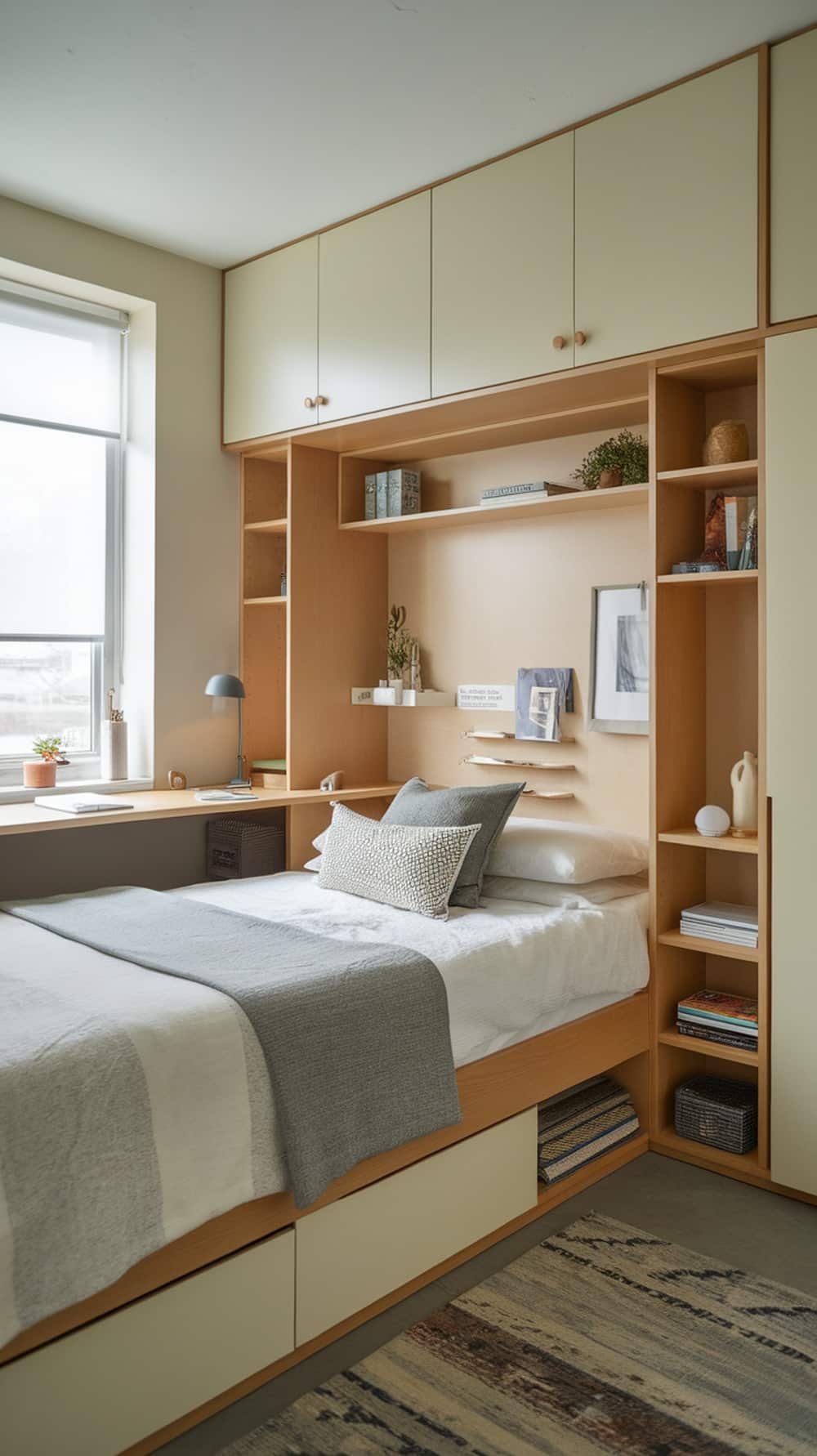A small bedroom featuring a bed with built-in storage, shelves, and a workspace.