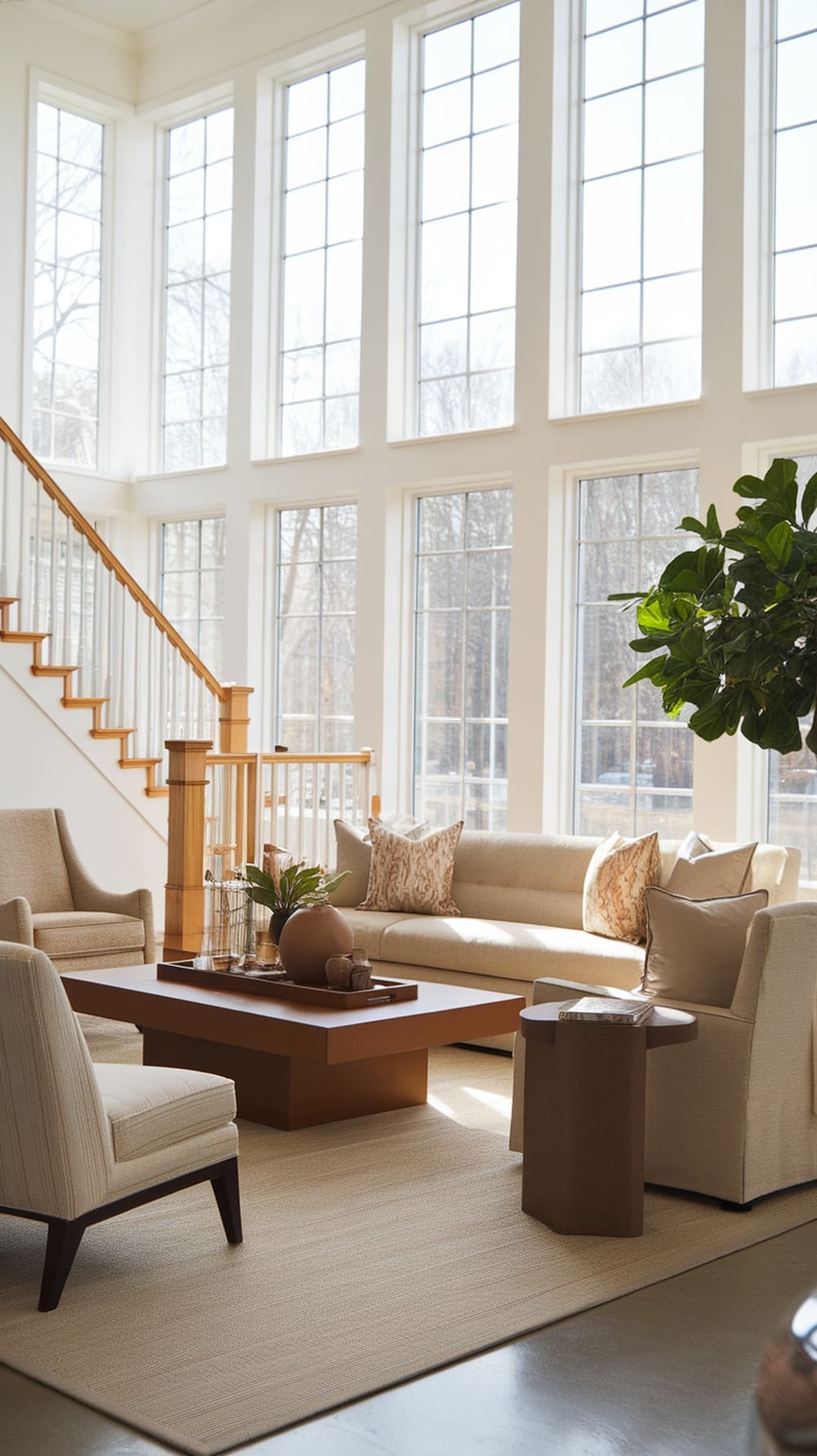 A modern living room with large windows, beige furniture, and a stylish coffee table.