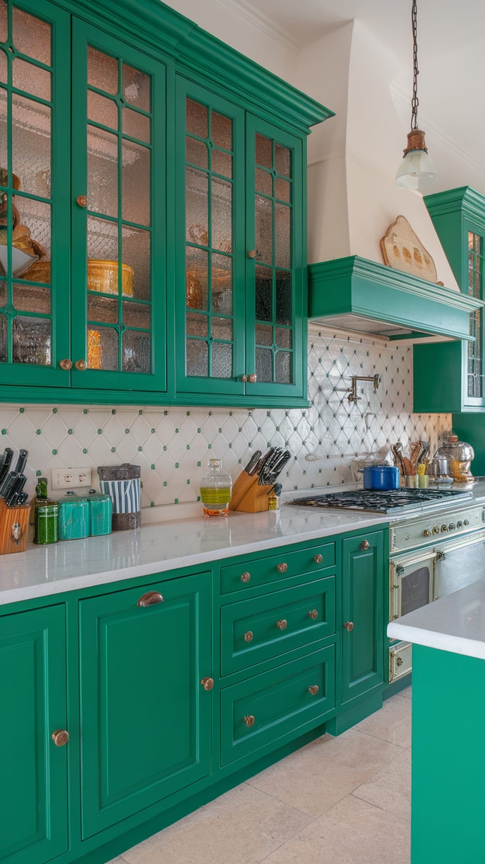 Emerald green kitchen cabinets with white accents and a stylish backsplash.