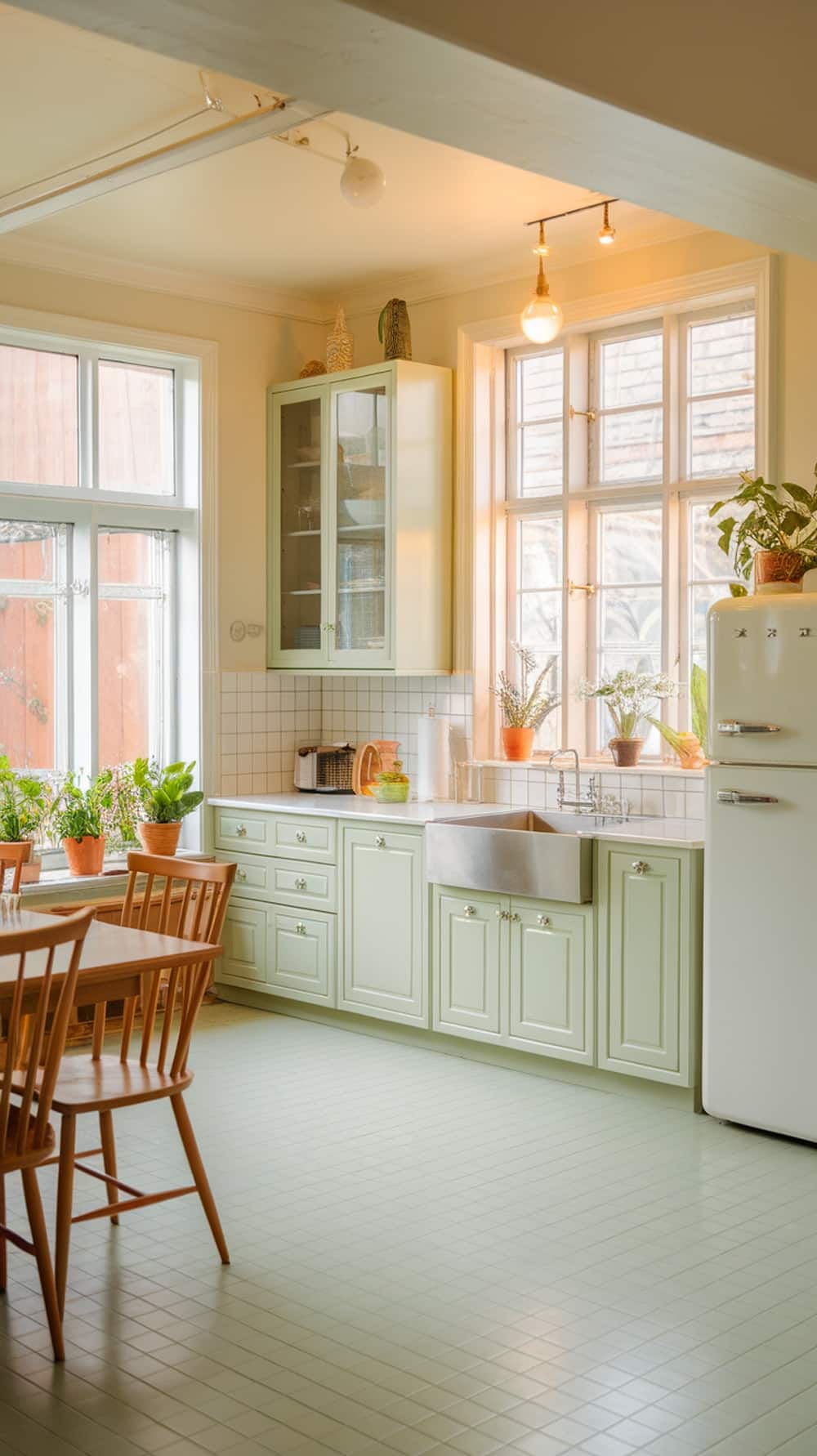 Bright kitchen with pale green cabinets and natural light