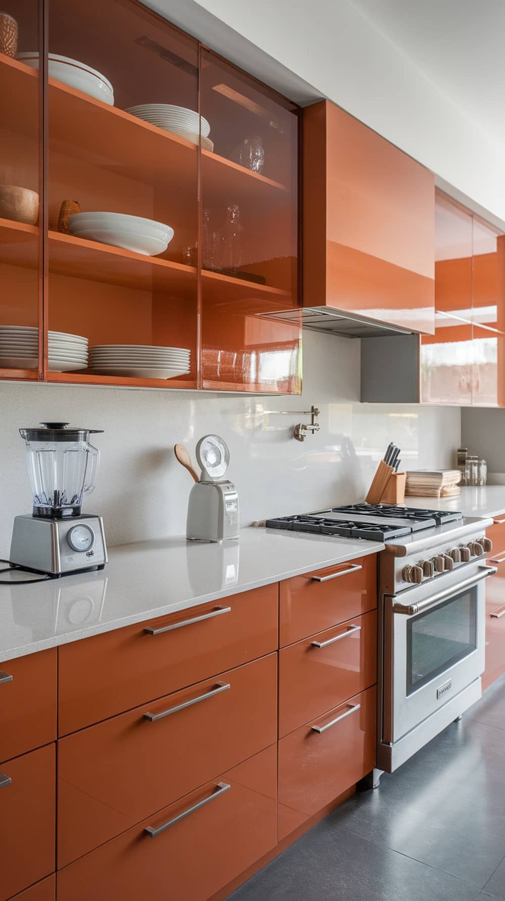A modern kitchen featuring sleek rust orange glossy cabinets with a clean countertop and appliances.