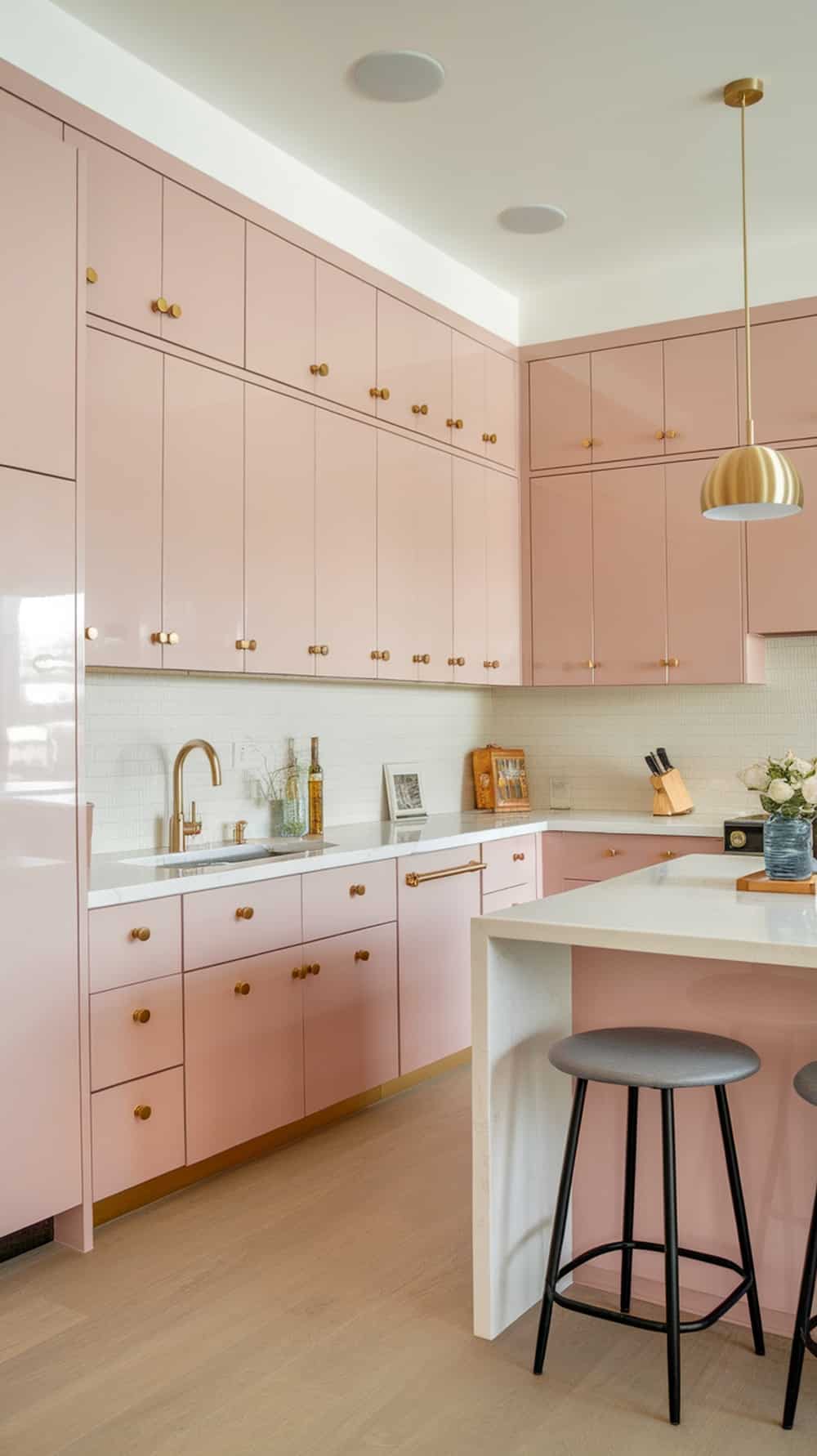 Contemporary blush pink kitchen cabinets with gold hardware
