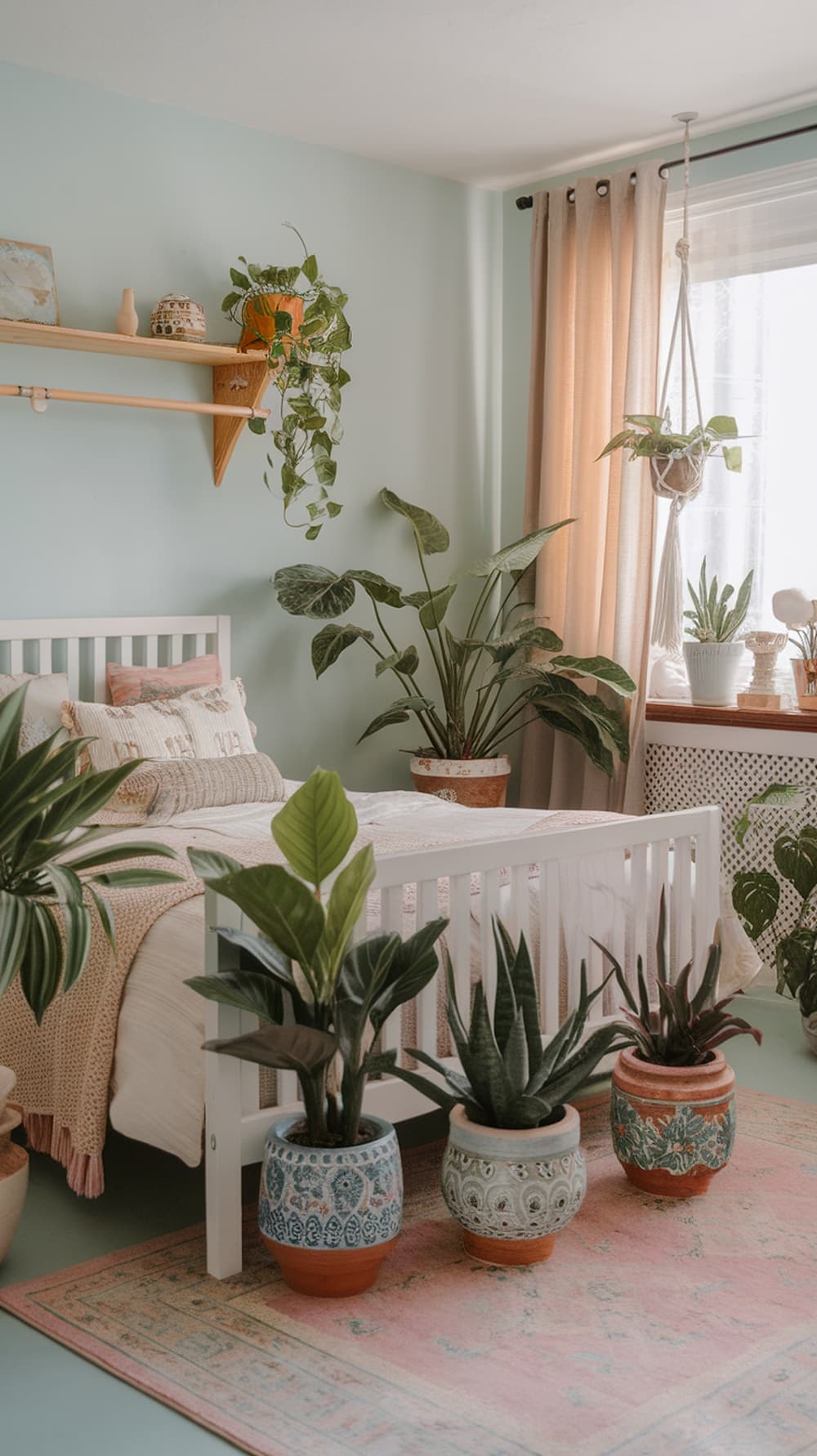 A boho bedroom featuring a cozy bed surrounded by various plants in decorative pots.