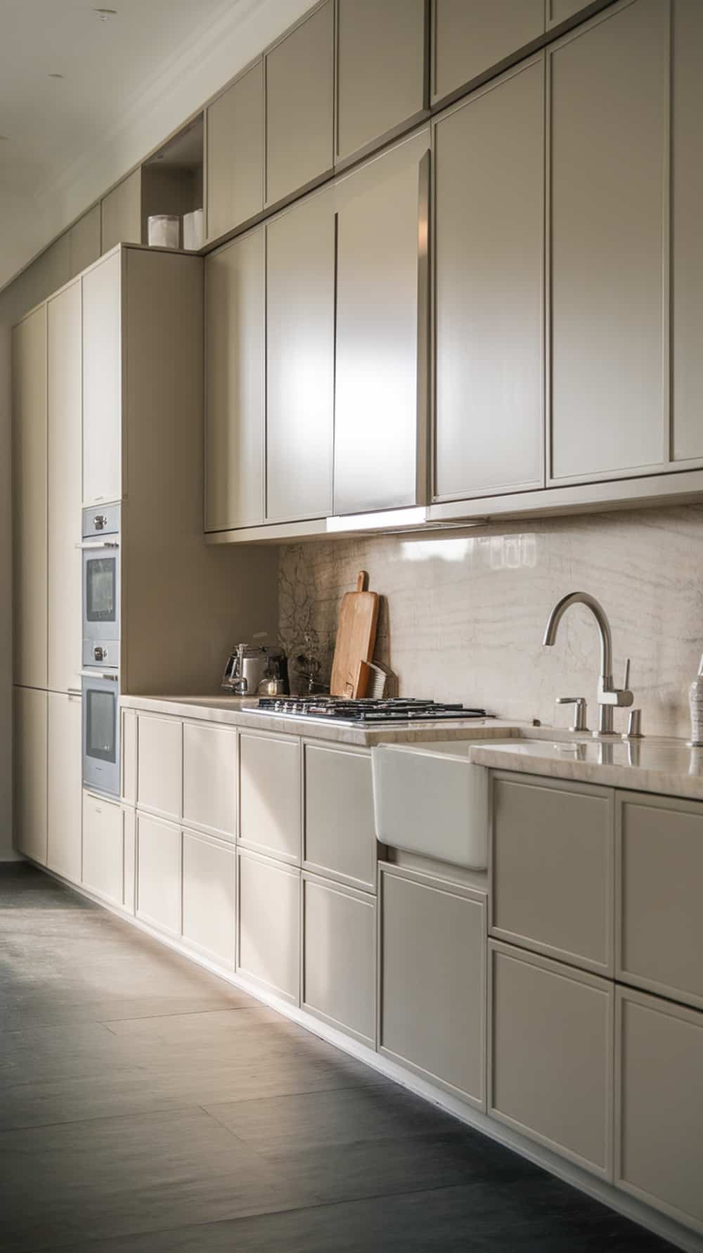 A modern kitchen featuring soft greige flat-panel cabinets with a minimalist design.