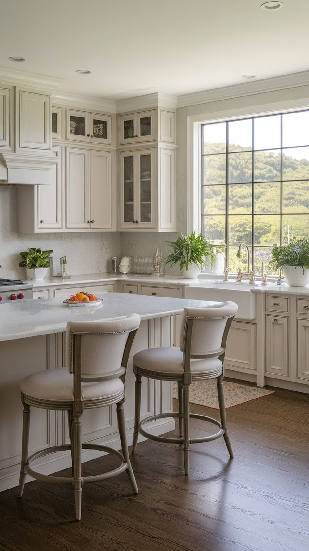 A kitchen featuring light greige cabinets and marble countertops, with a view of greenery outside.
