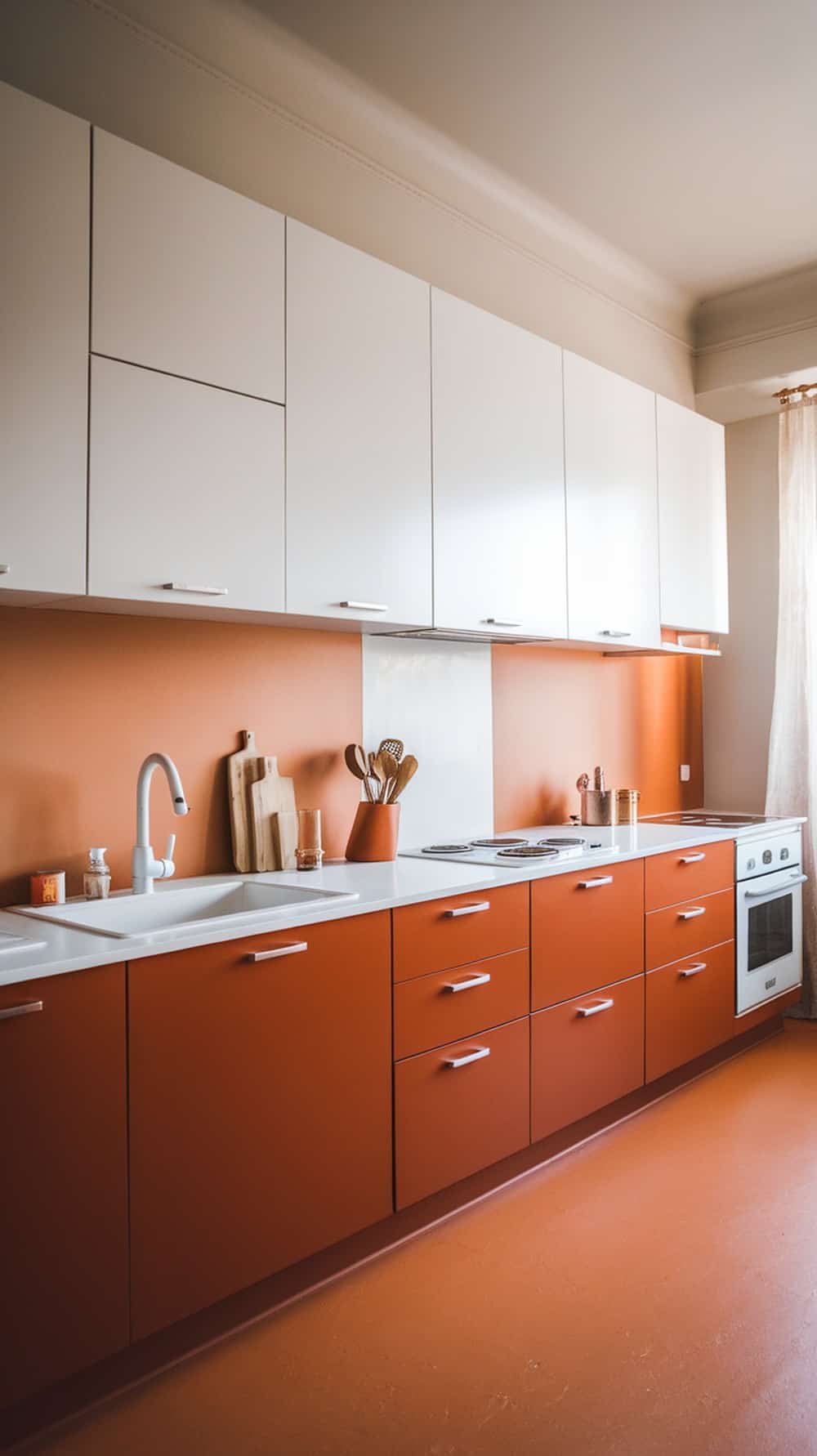 A modern kitchen featuring bold two-tone cabinetry in rust orange and white.