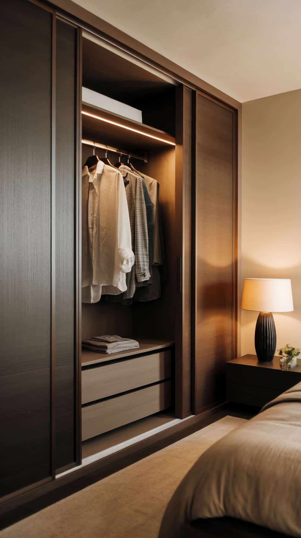 A minimalist built-in wardrobe with wooden finish, featuring hanging clothes and drawers, illuminated softly.