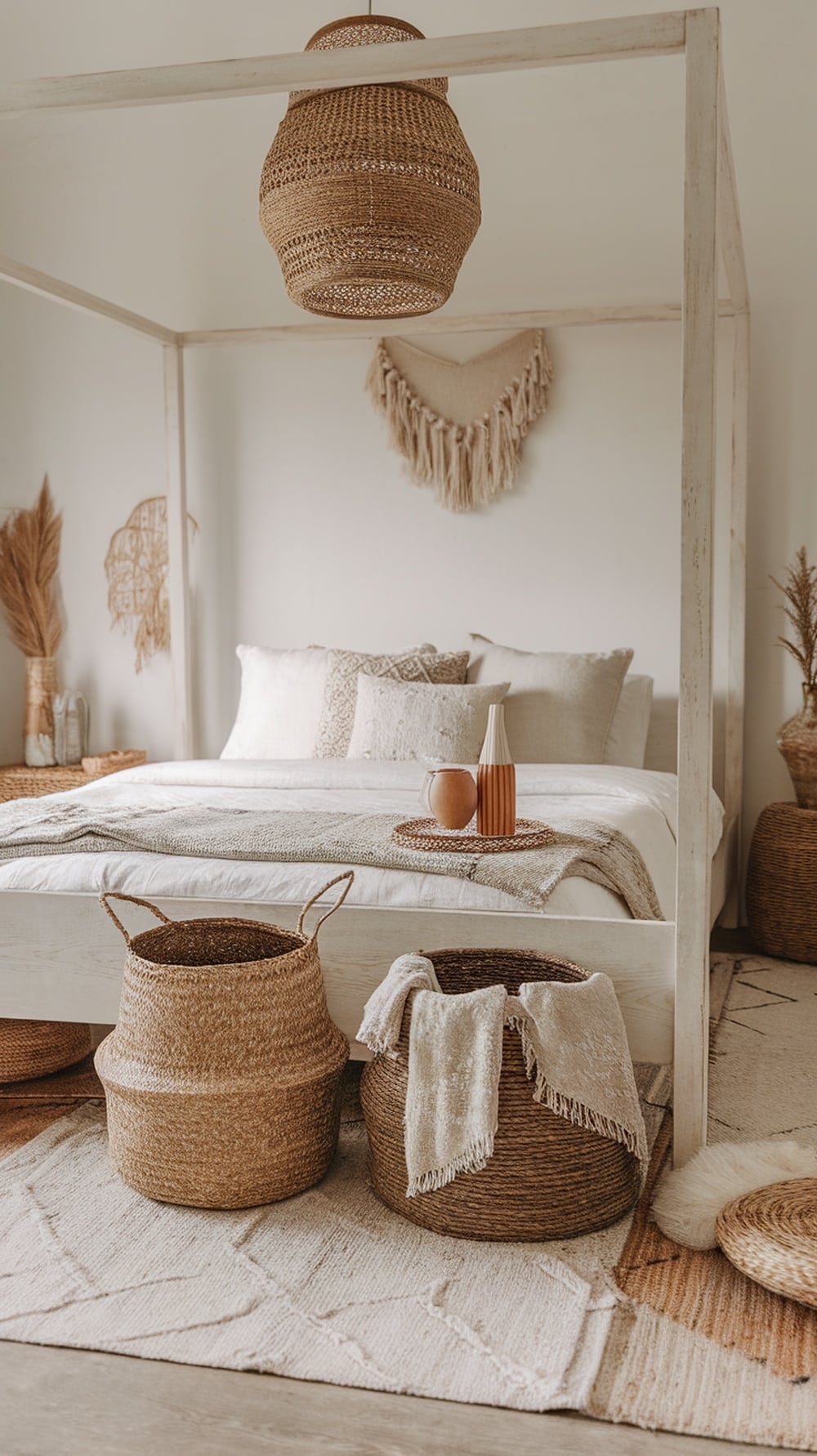 A cozy boho bedroom featuring woven baskets for stylish storage.