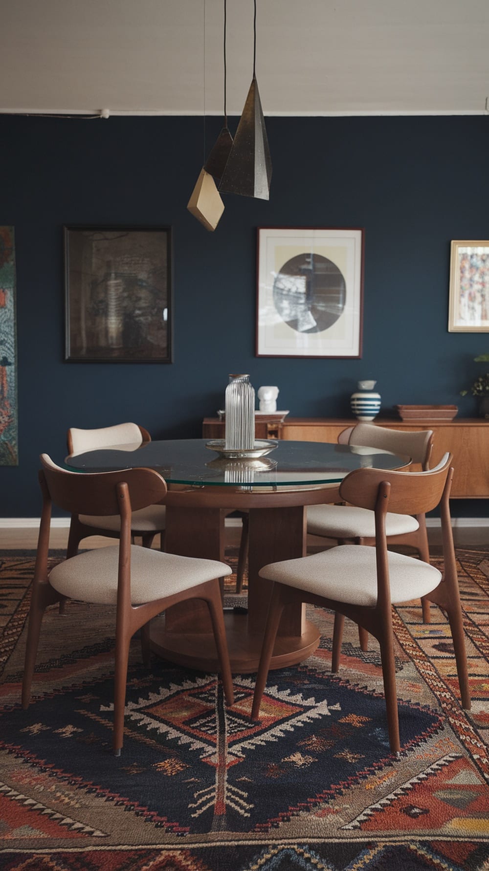 Mid-century modern dining room featuring stylish pendant lighting and a round table with wooden chairs.