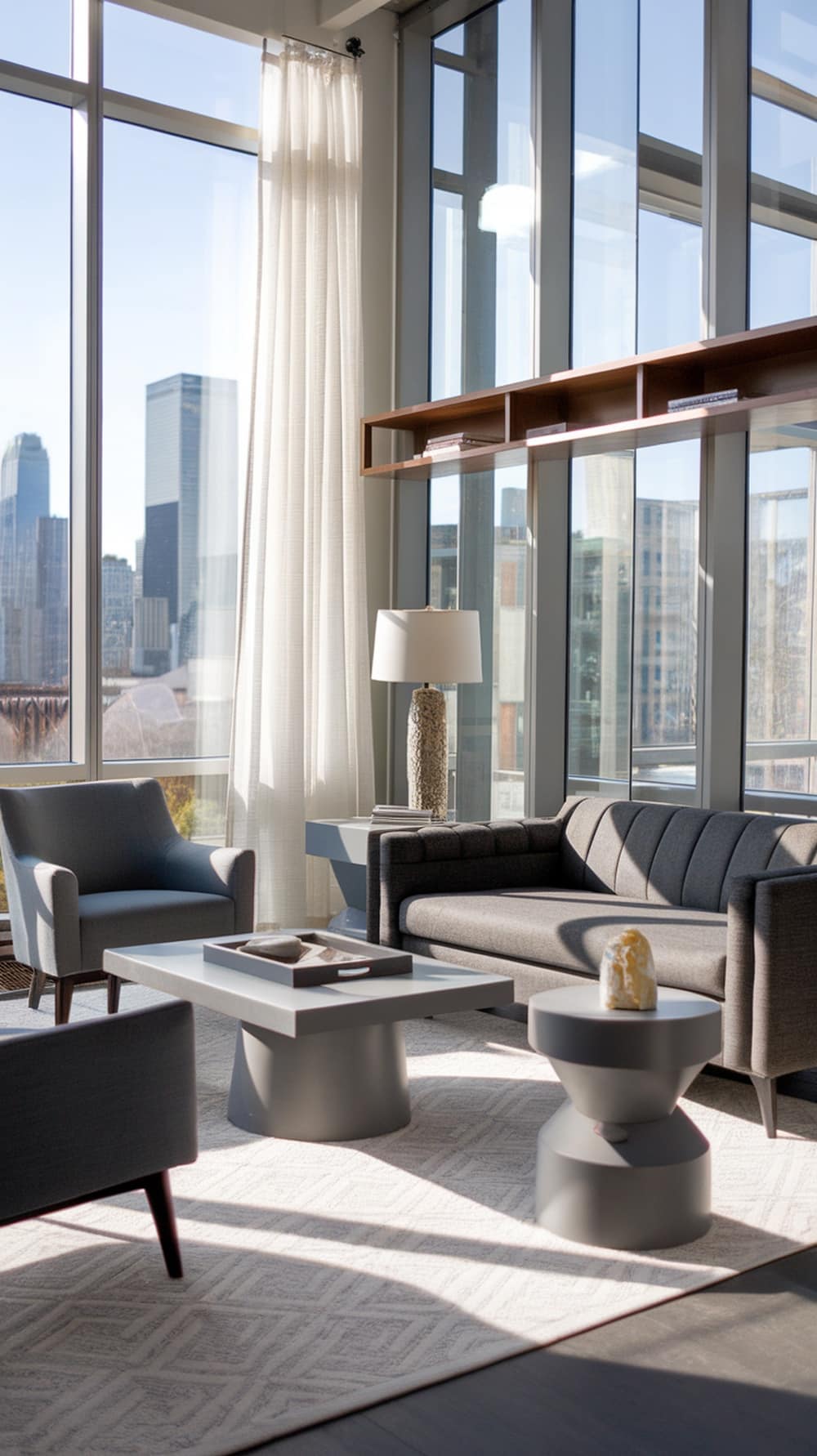 A modern living room featuring charcoal gray furniture, large windows, and a stylish coffee table.