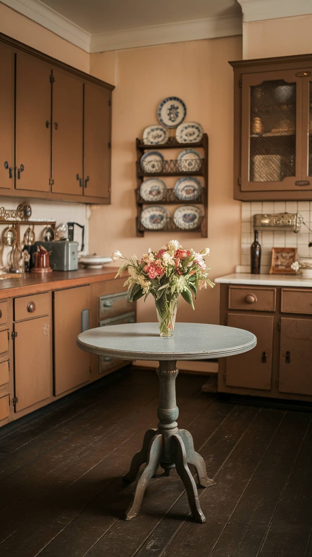 A vintage kitchen featuring caramel cabinets and a round table with flowers.