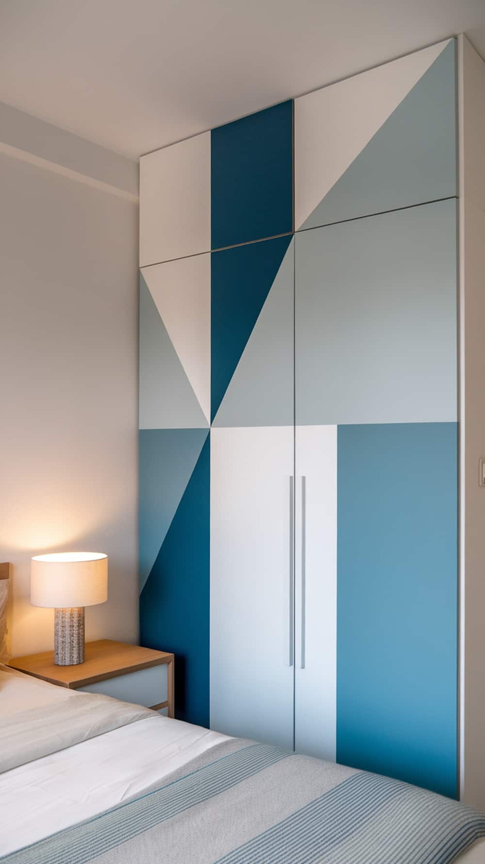 A modern wardrobe with a geometric design in blue and white, next to a bedside lamp and bed.