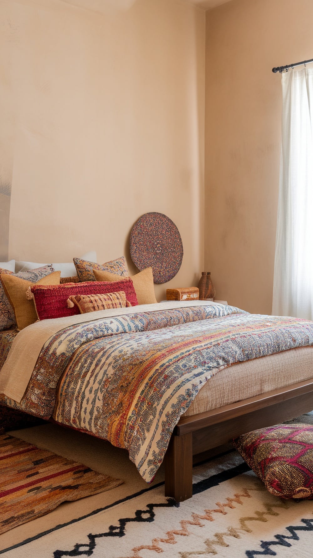 A boho-style bedroom featuring colorful bedding with various patterns and textures, complemented by earthy tones and a patterned rug.