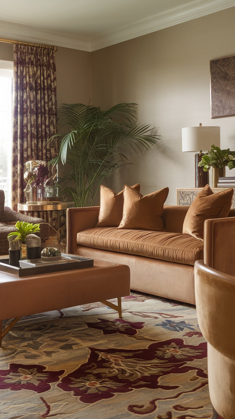 A luxurious caramel living room featuring a plush sofa, patterned rug, and elegant decor.