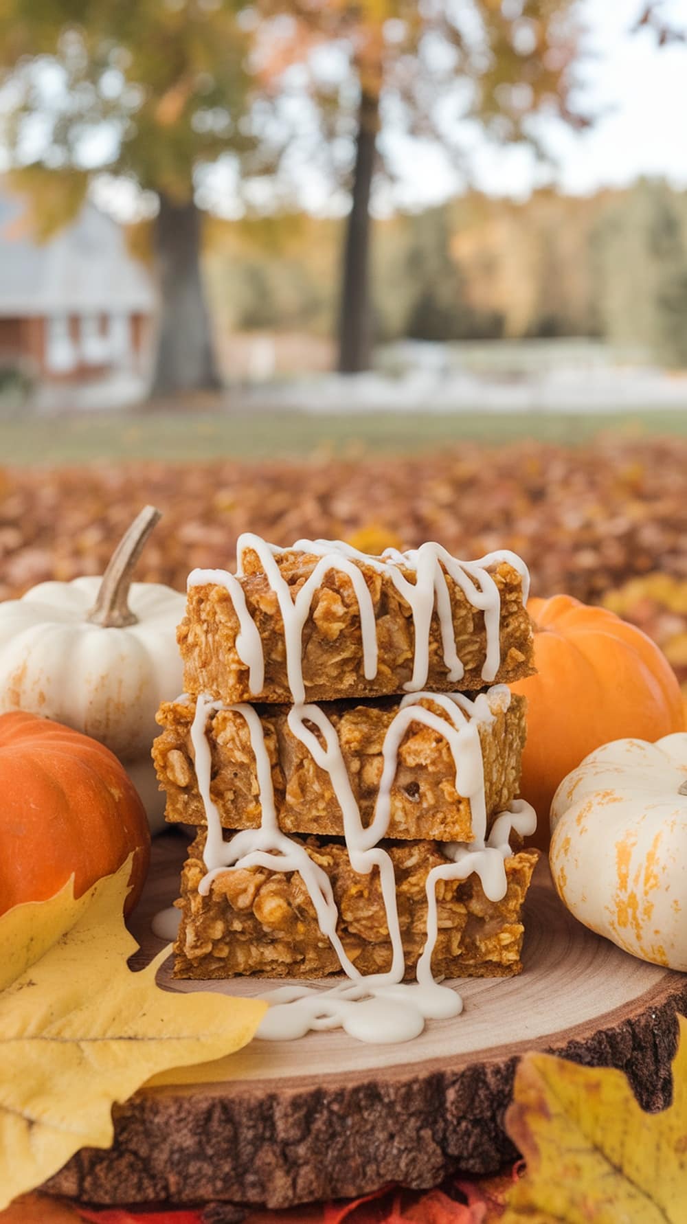 Pumpkin spice oatmeal bars stacked on a wooden slice, surrounded by pumpkins and autumn leaves.