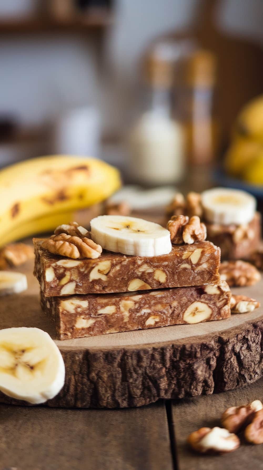 Vegan banana nut protein bars with banana slices and walnuts