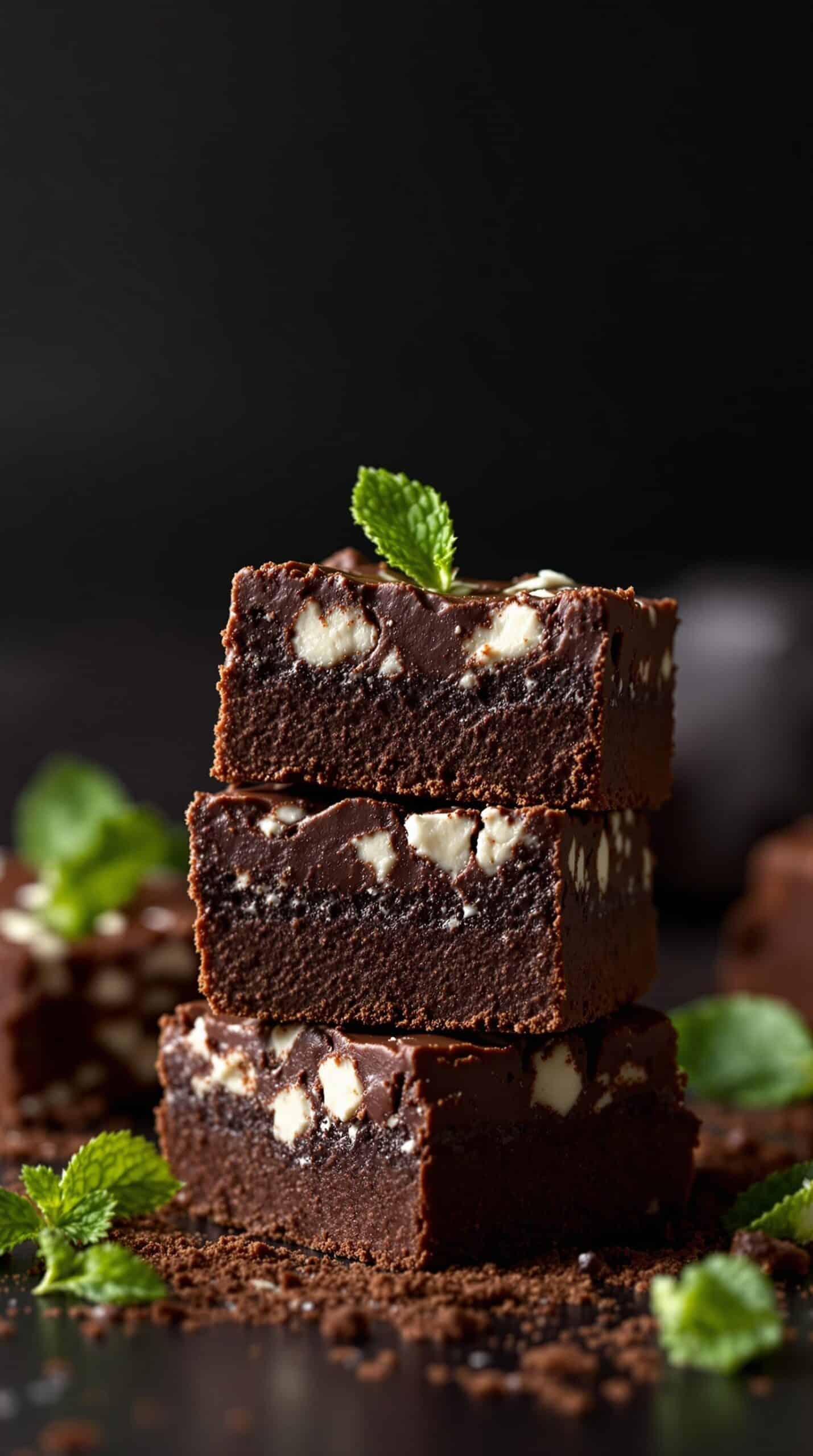 Chocolate mint protein squares stacked with mint leaves
