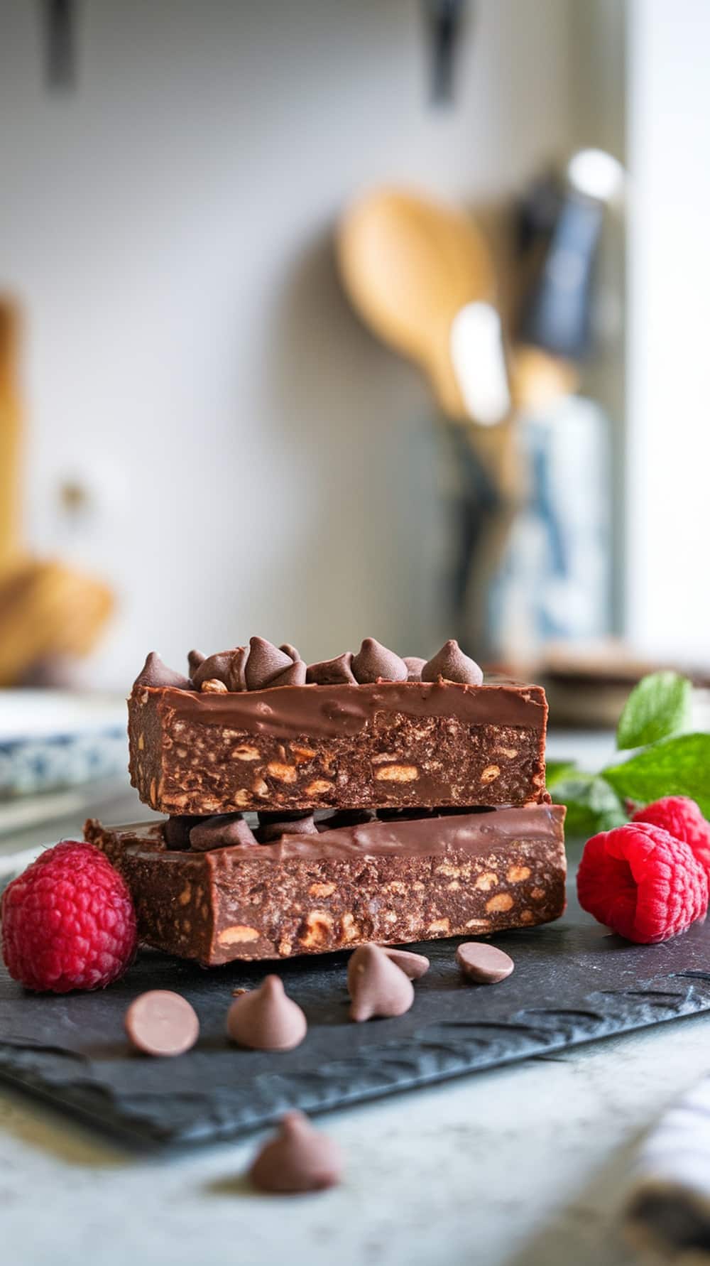 Two stacked double chocolate protein bars topped with chocolate chips and surrounded by raspberries on a slate background.