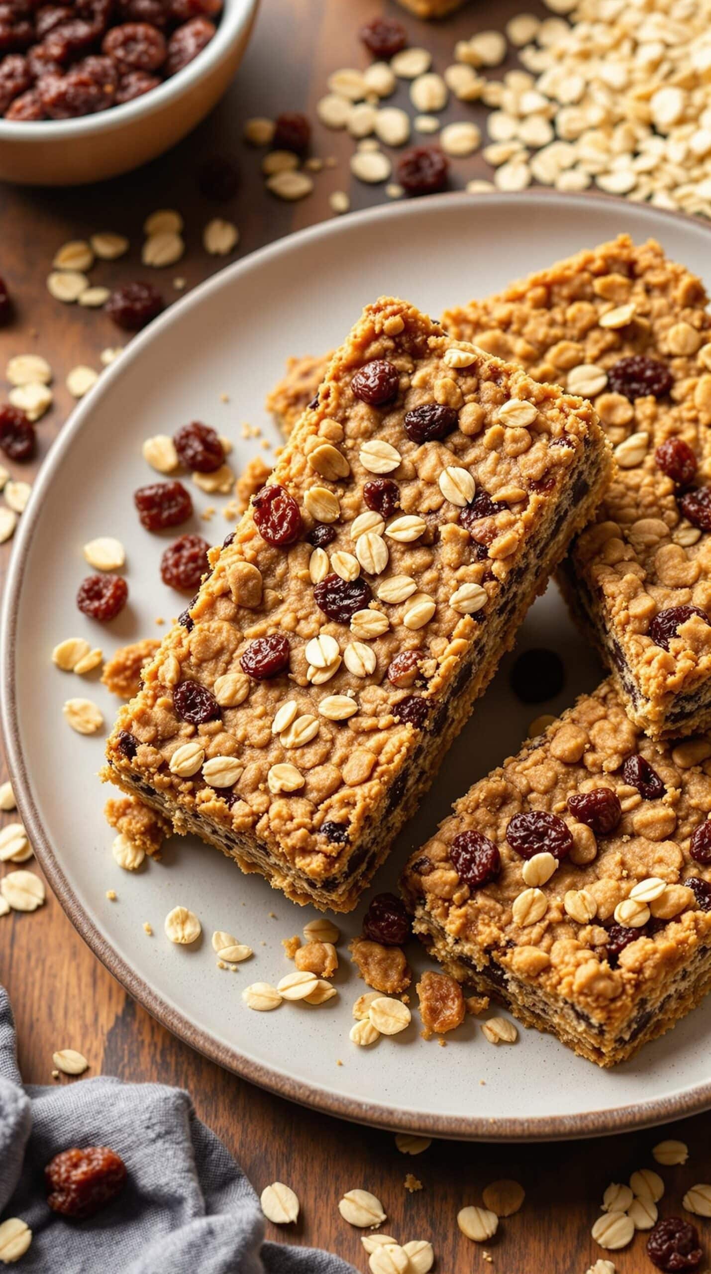 Homemade oatmeal raisin protein bars on a plate with oats and raisins scattered around.