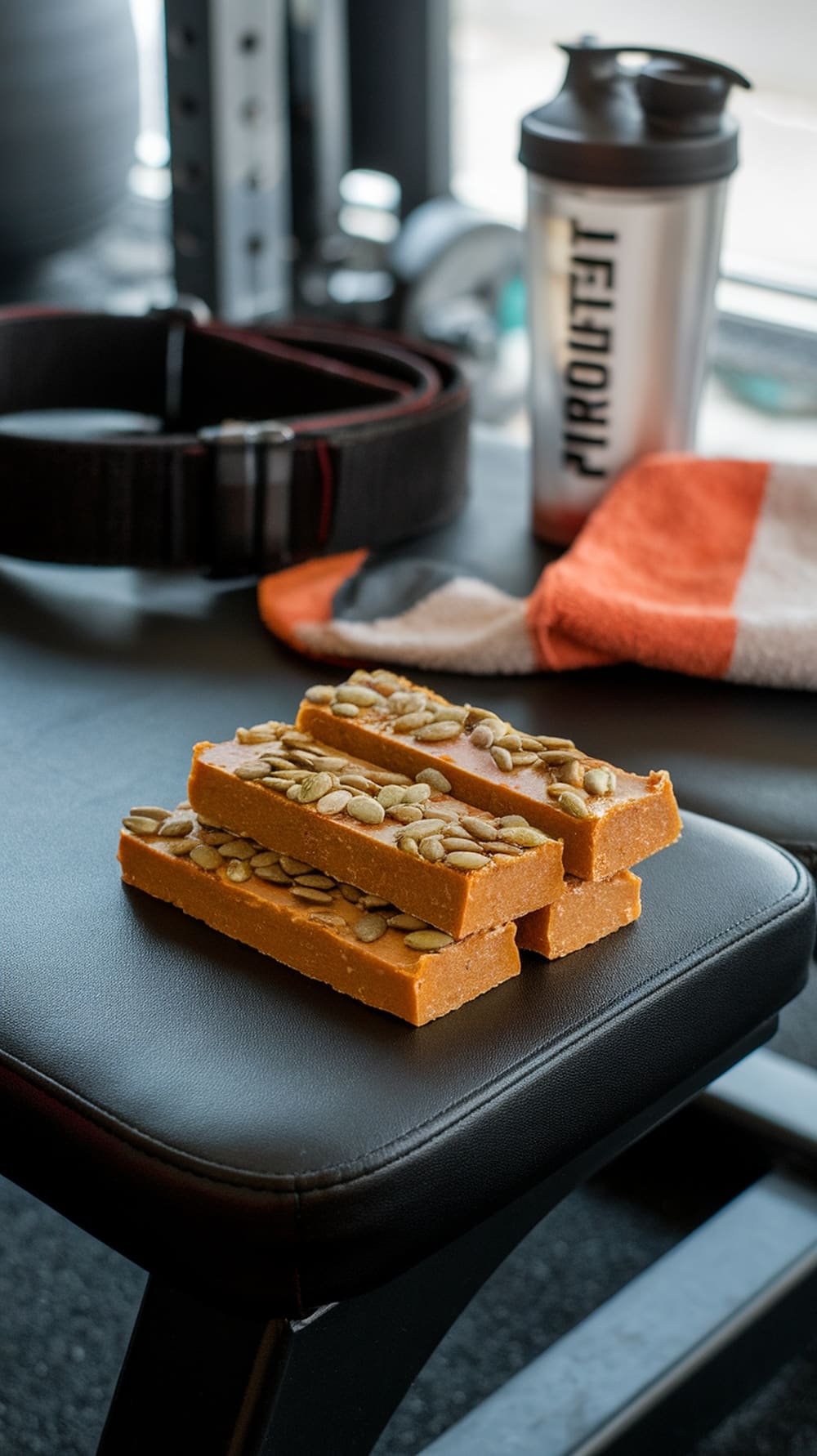 Pumpkin spice protein bar on a gym bench with a towel and water bottle