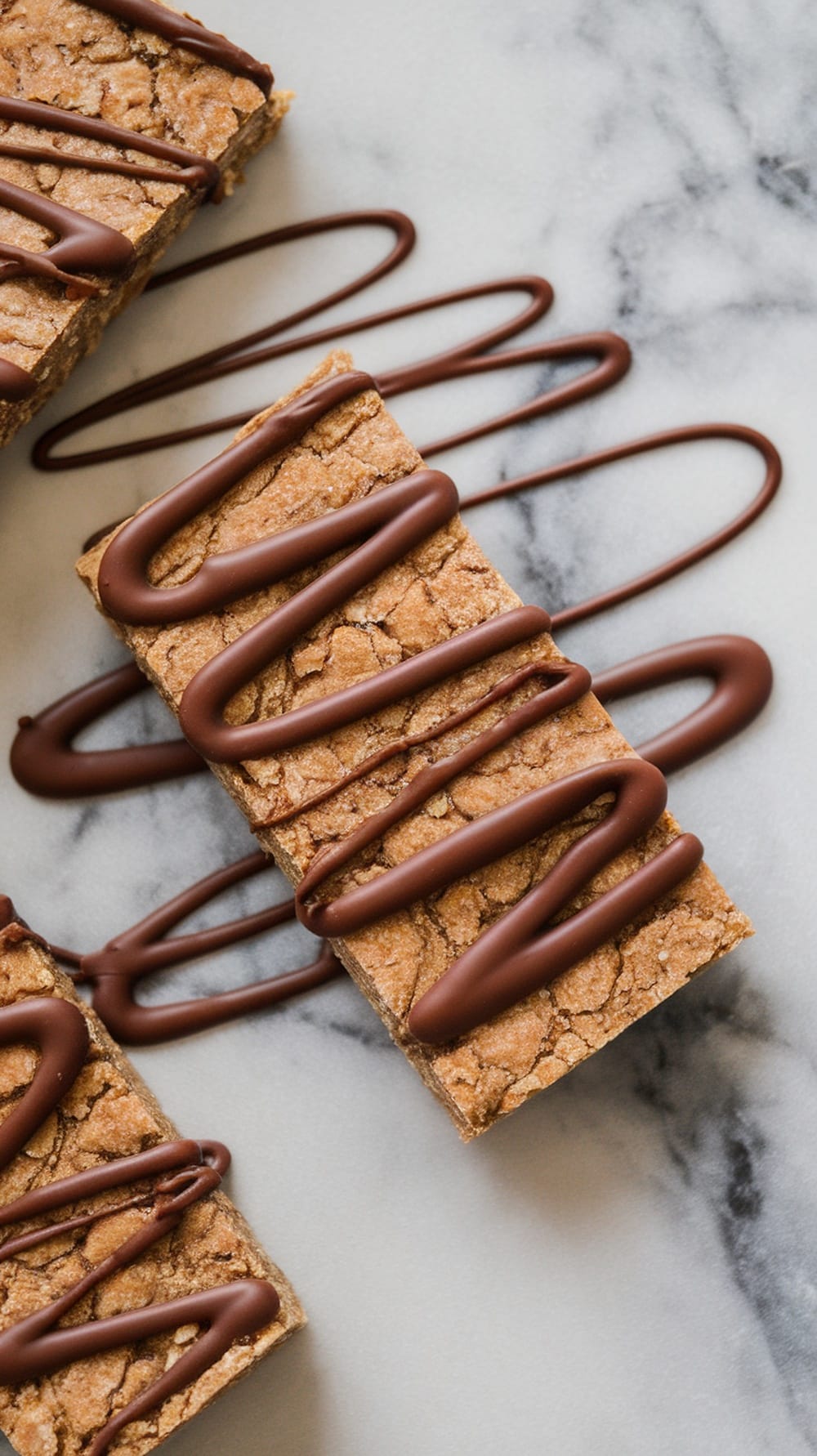 Chocolate Peanut Butter Crunch Bars drizzled with chocolate on a marble surface.