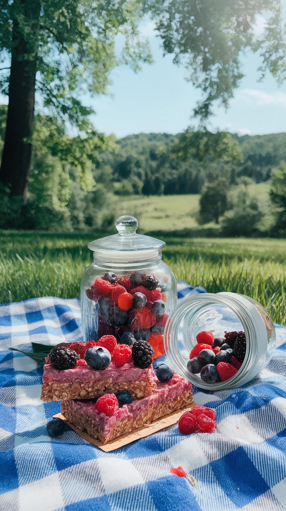Berry Blast Oatmeal Protein Bars with fresh berries in jars on a picnic blanket