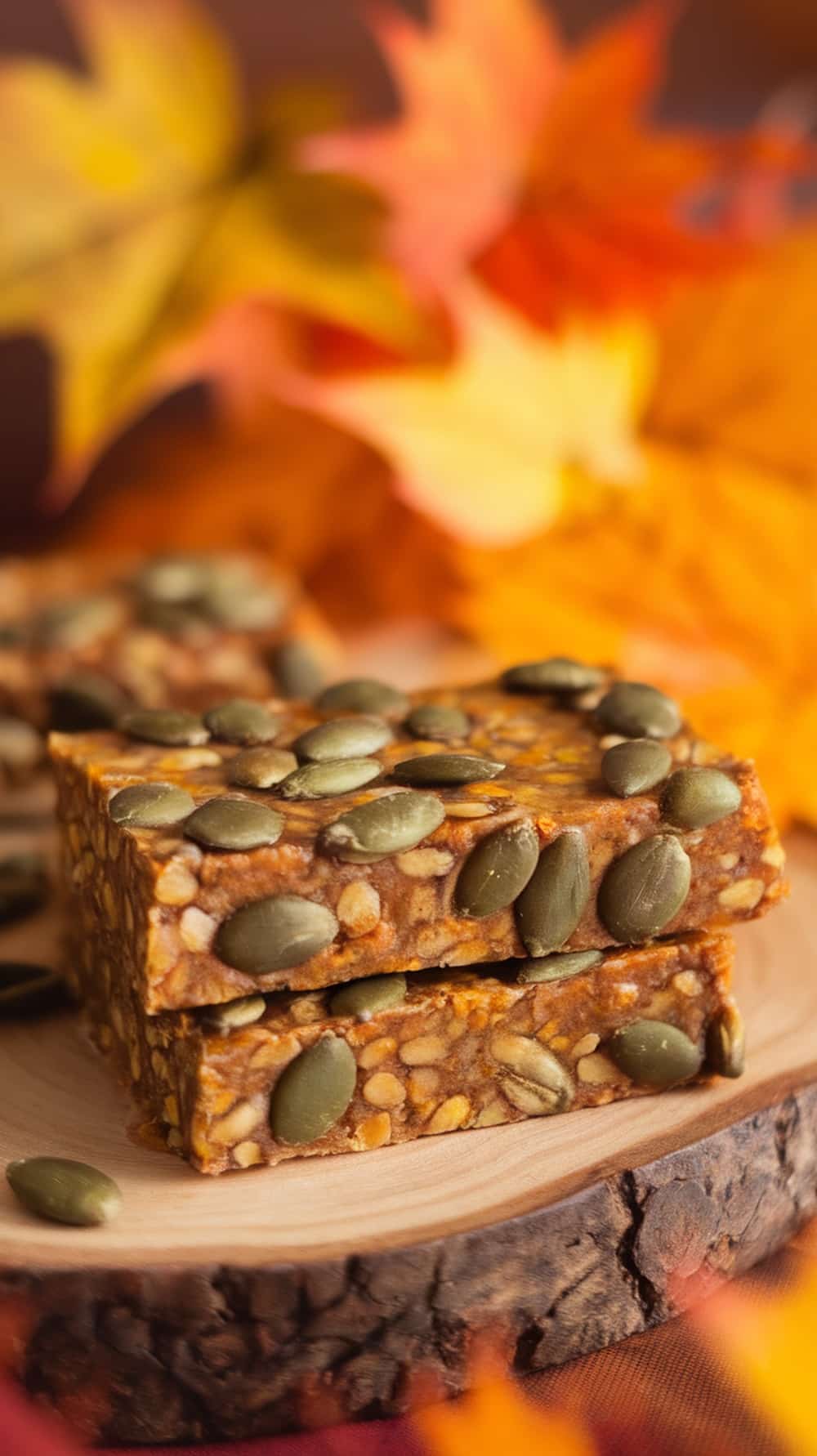 Spiced pumpkin seed bars on a wooden plate with autumn leaves in the background.