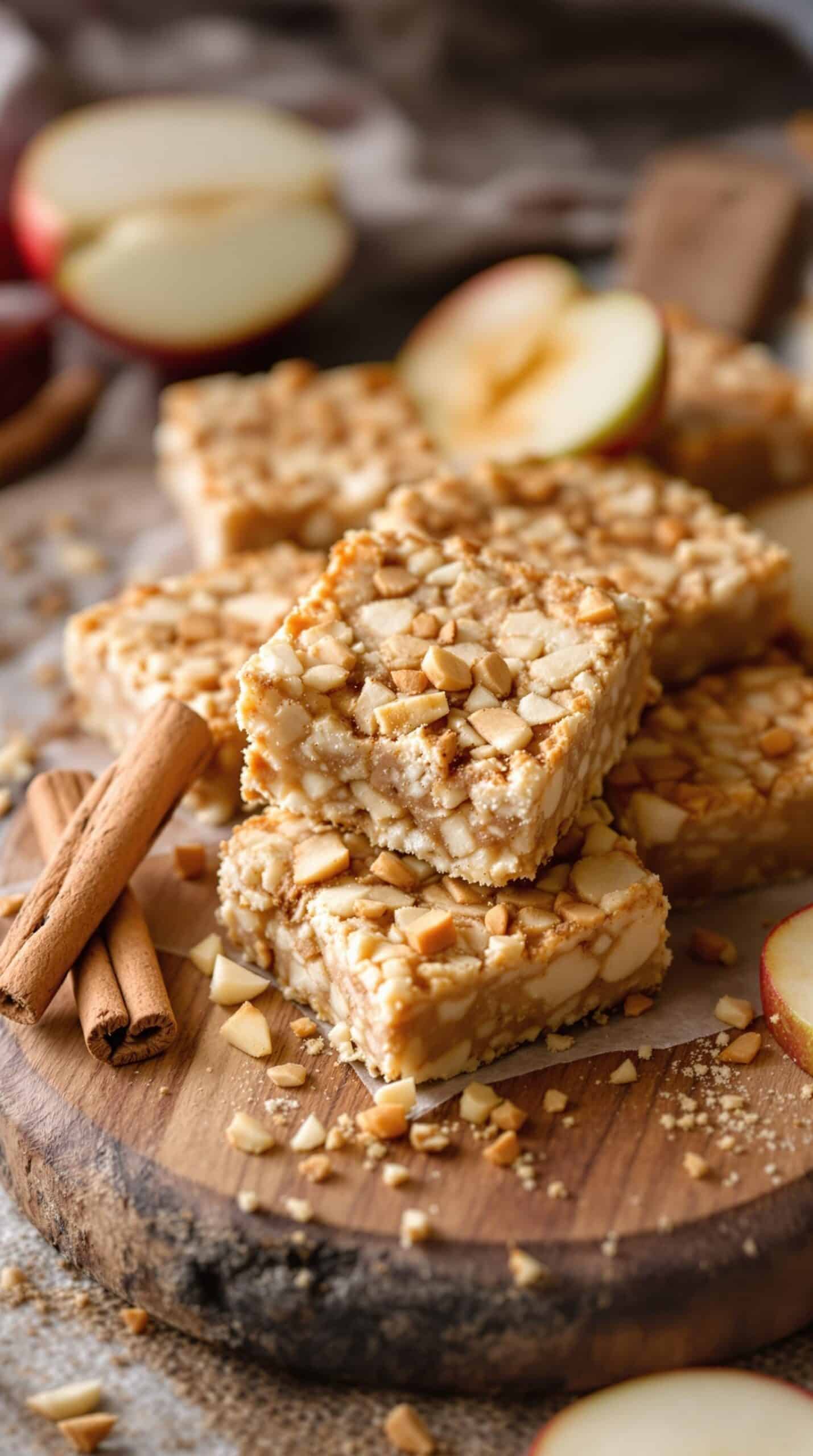Apple cinnamon protein bars with nuts and apple slices