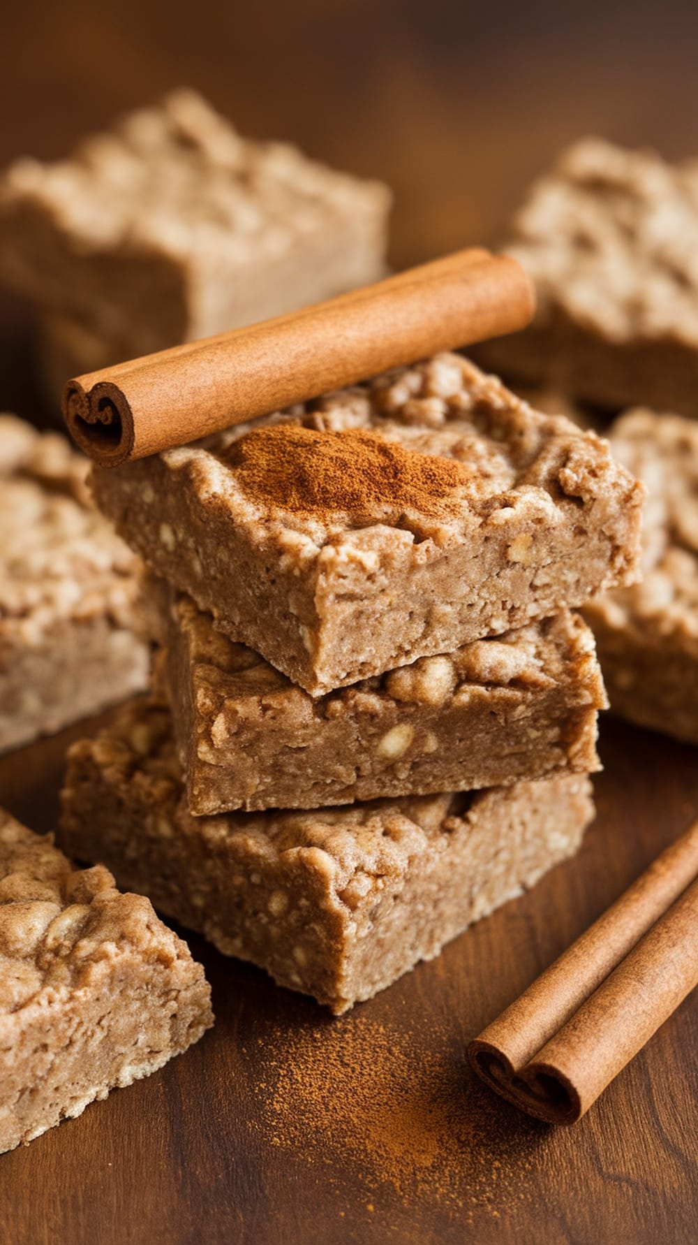 A stack of cinnamon spice protein bars with cinnamon sticks and a sprinkle of cinnamon on top.