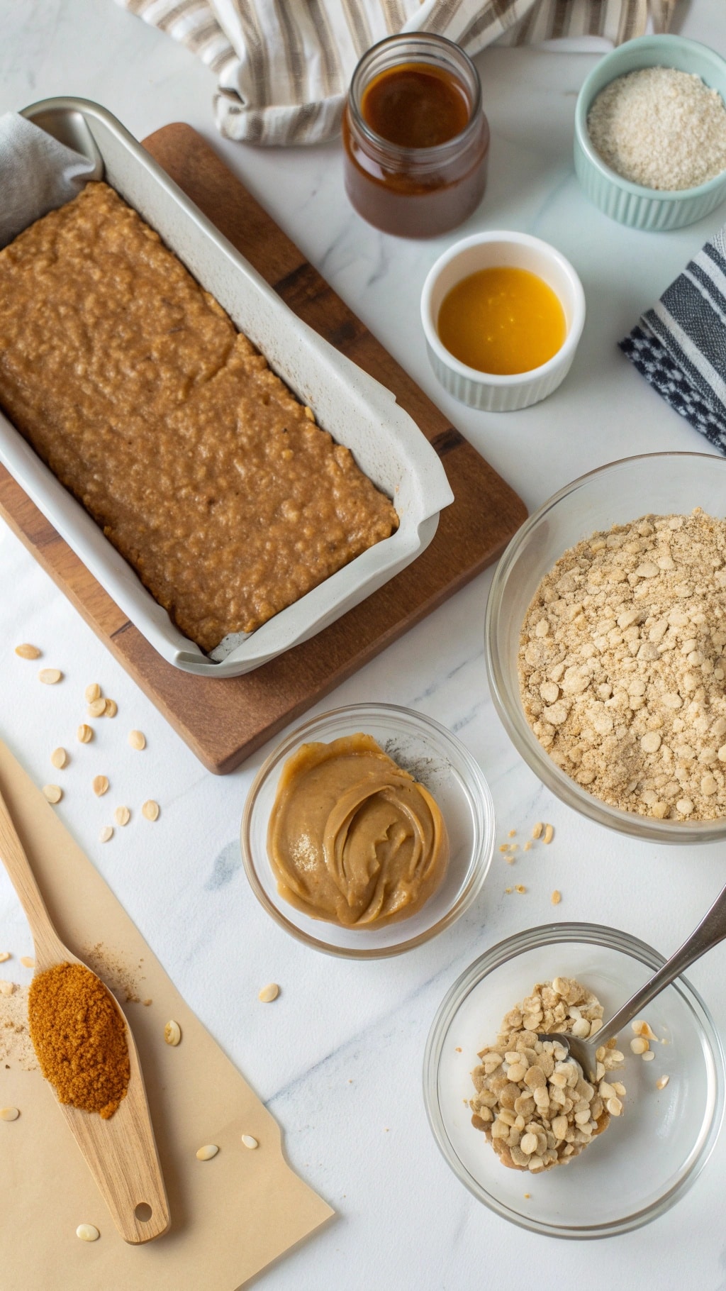 Ingredients and preparation for no-bake peanut butter protein bars