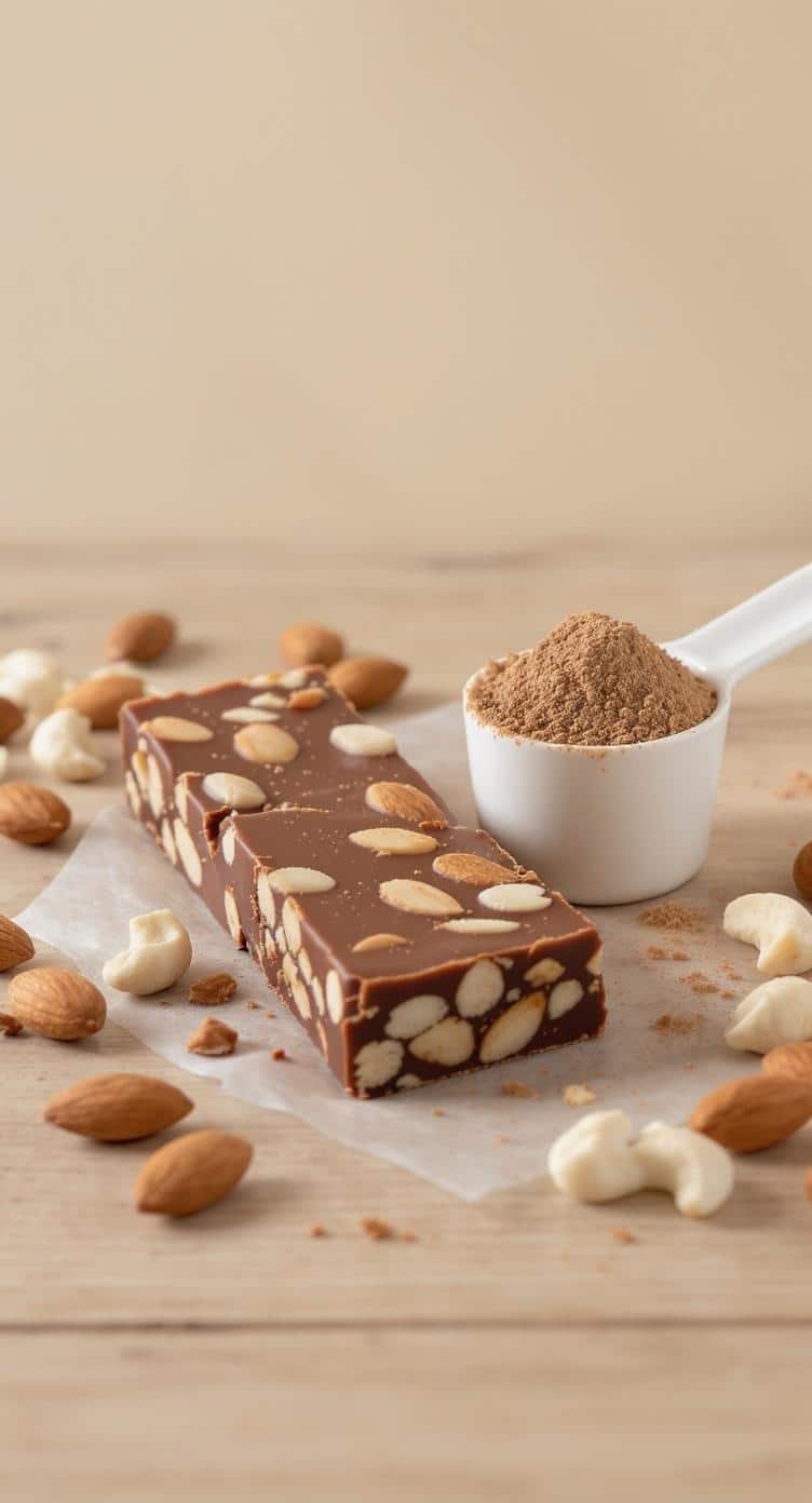 A nutrient-packed almond and chocolate bar with almonds and protein powder on a wooden surface.