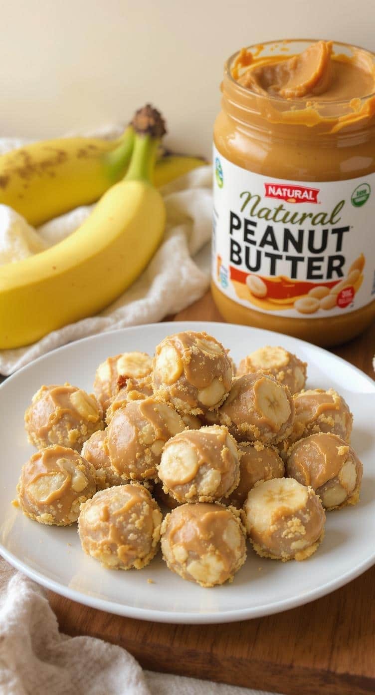 A plate of peanut butter and banana energy bites with a jar of peanut butter and bananas in the background.
