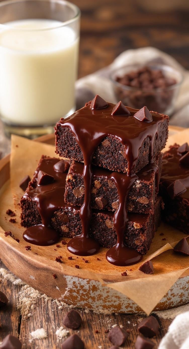 Delicious dark chocolate chip protein bars drizzled with chocolate, served with a glass of milk.