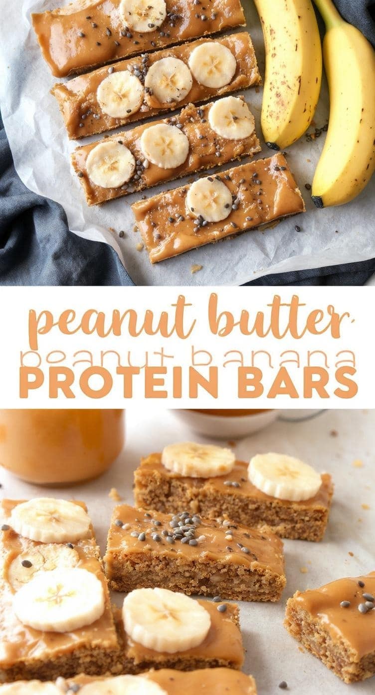 No-bake peanut butter banana protein bars topped with banana slices and chia seeds.