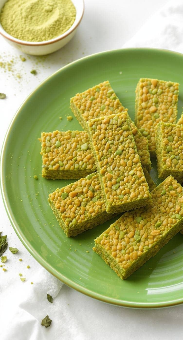 A plate of matcha green tea protein bars, showcasing their vibrant green color and textured surface.