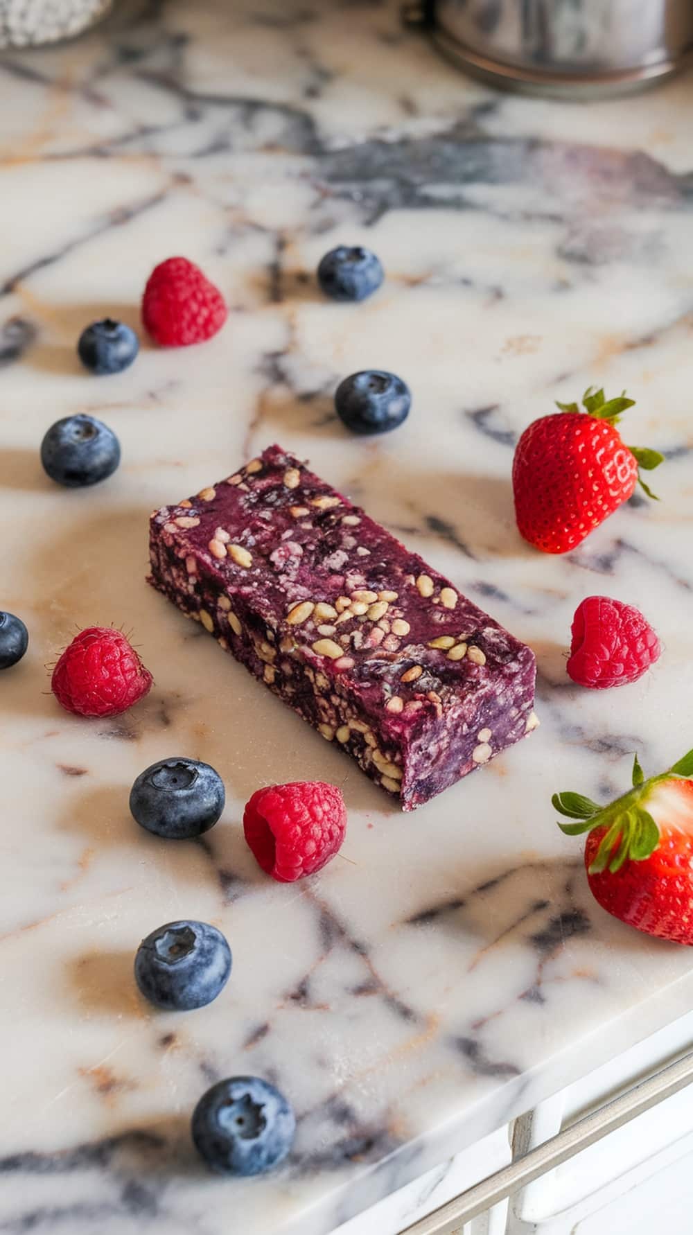 A Berry Bliss Superfood Bar surrounded by fresh berries on a marble surface.