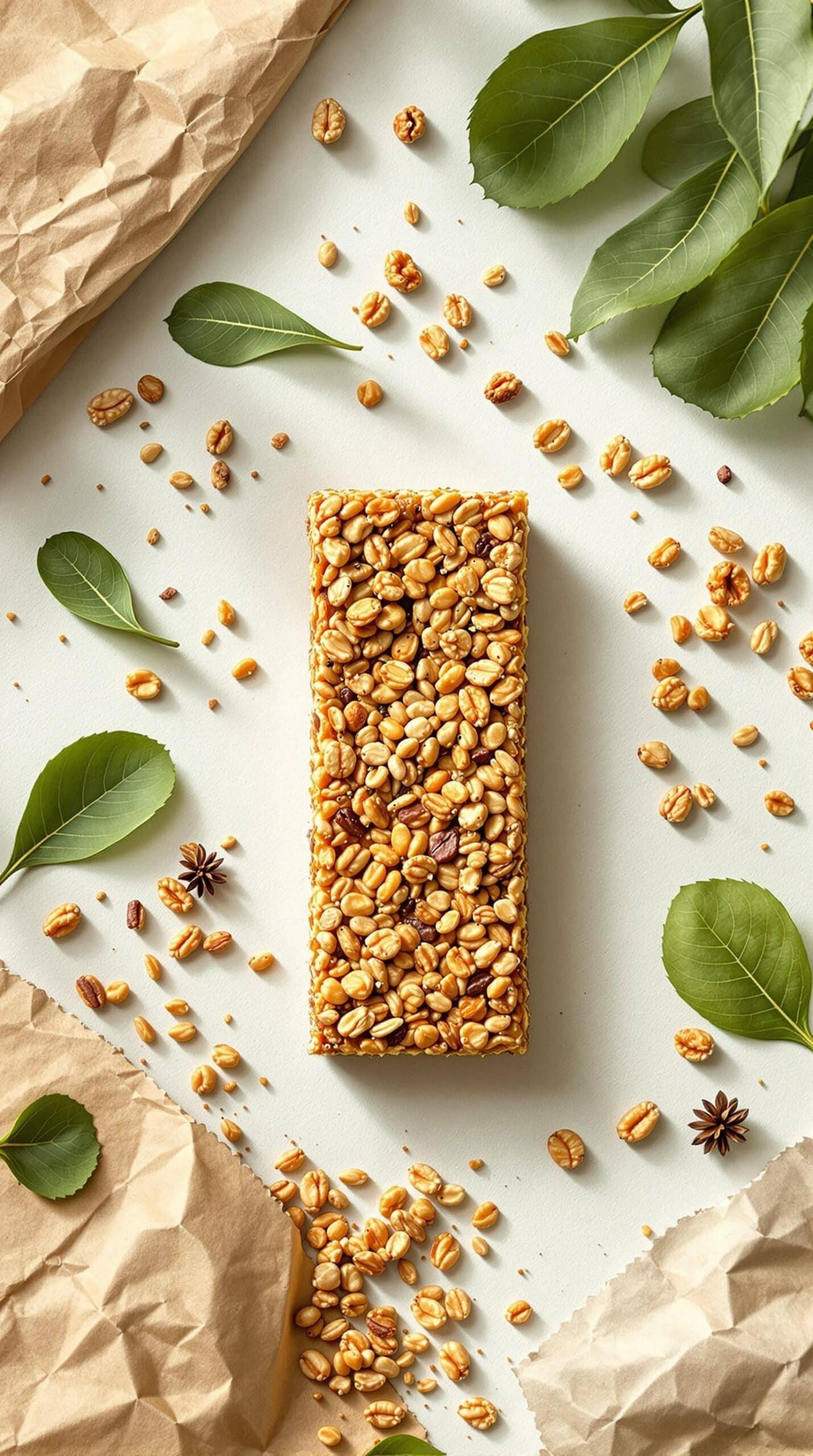 A protein granola bar surrounded by nuts and leaves on a light background
