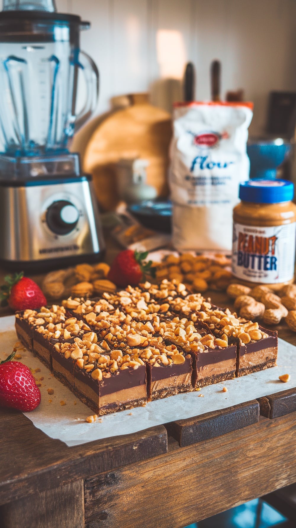 Chocolate peanut butter protein bars topped with peanuts, surrounded by ingredients like flour, peanut butter, and strawberries.