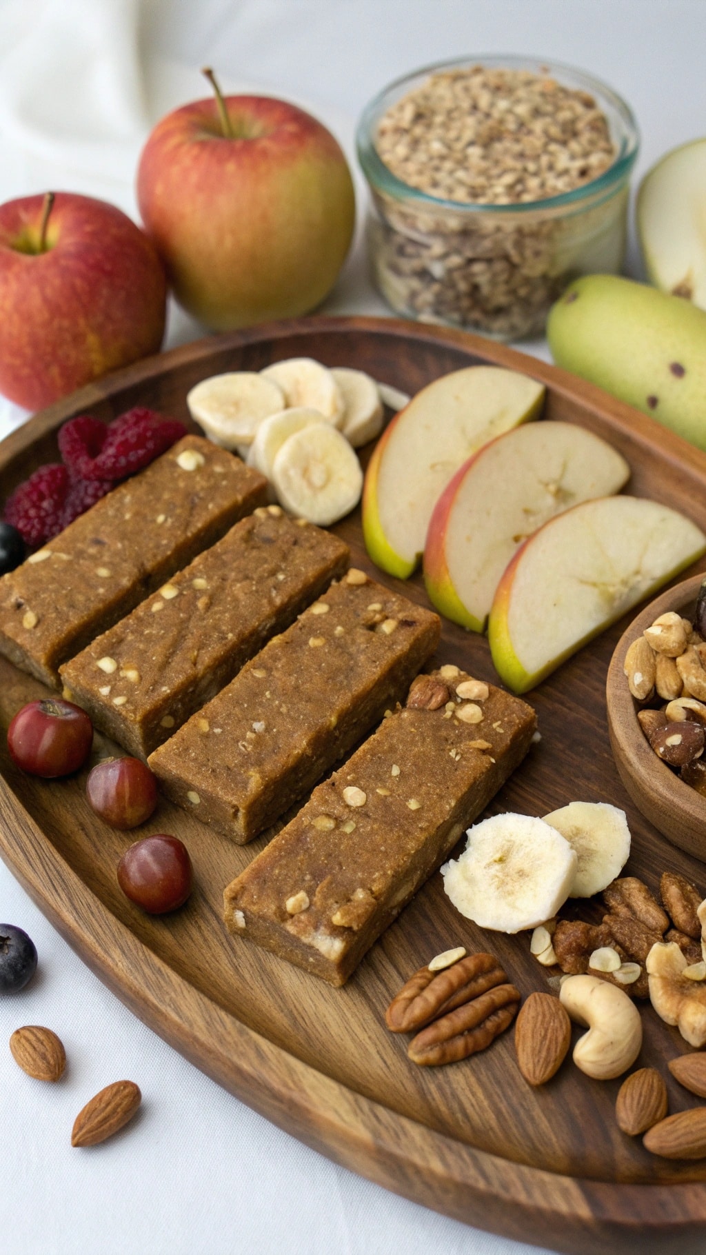Vegan peanut butter protein bars with fruits and nuts on a wooden platter
